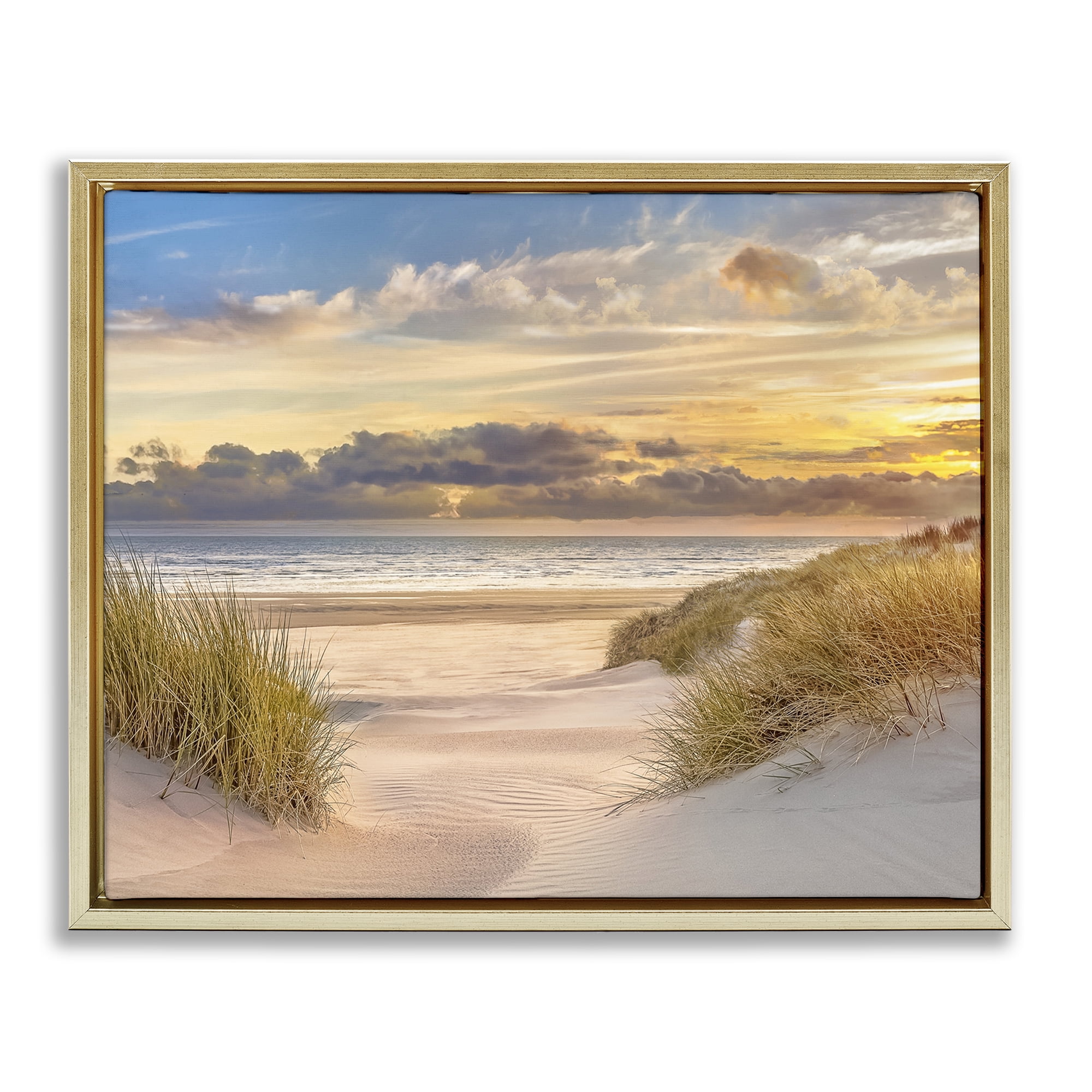 Stupell Industries Serene Beach Between Dunes Landscape & Nature Photography Gold Floater Framed Canvas Art Print Wall Art, 25 x 31