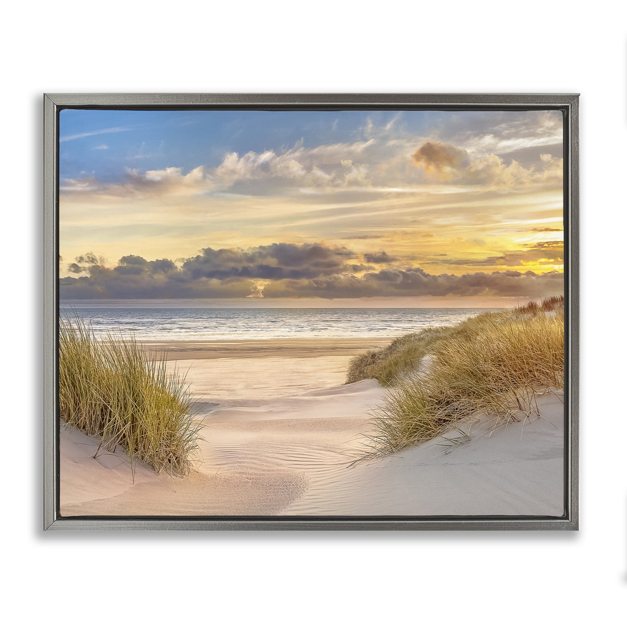 Stupell Industries Serene Beach Between Dunes Landscape & Nature Photography Gray Floater Framed Canvas Art Print Wall Art, 21 x 17