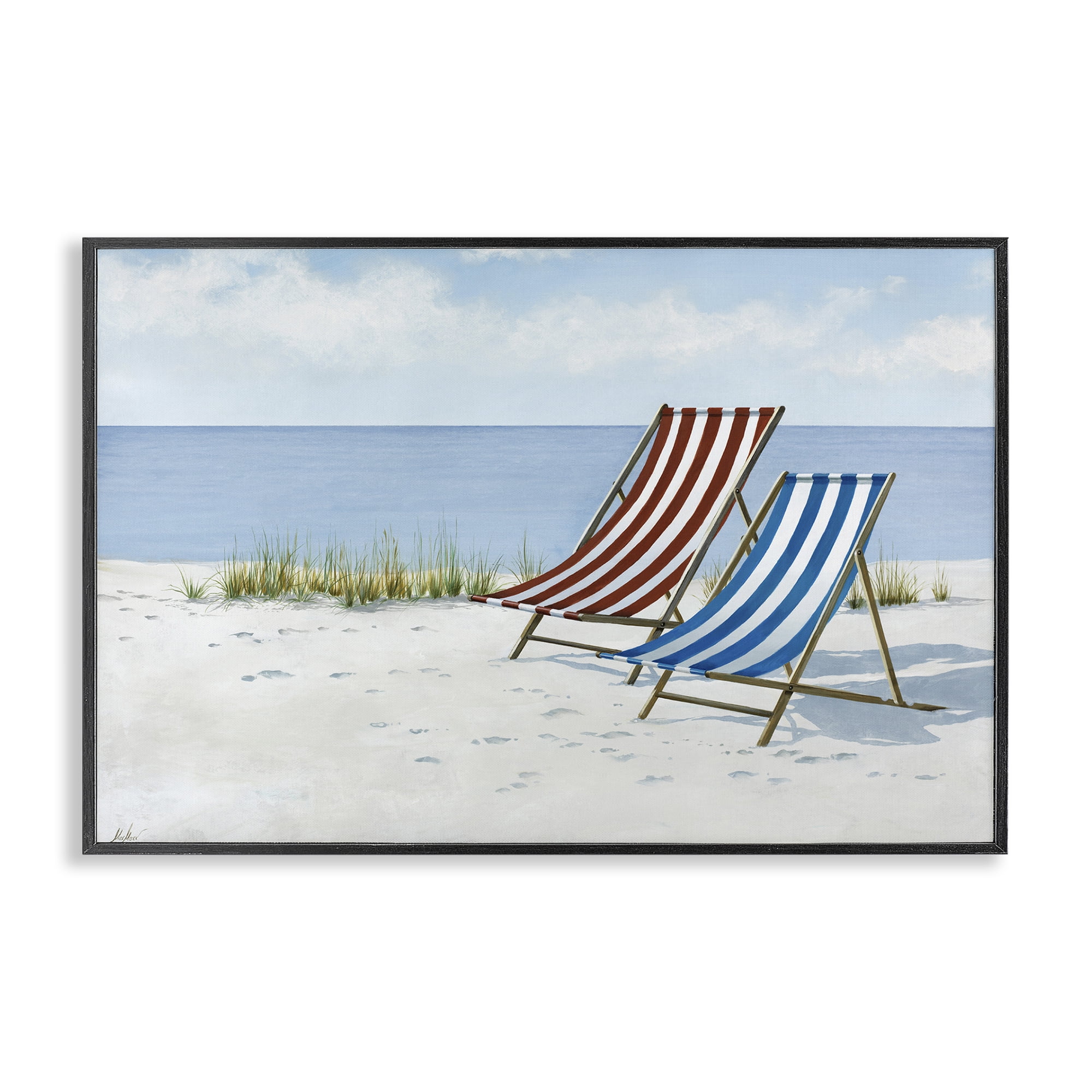 Stupell Industries Serene Beach Chairs Landscape Painting Black Framed Art Print Wall Art, 24 x 16