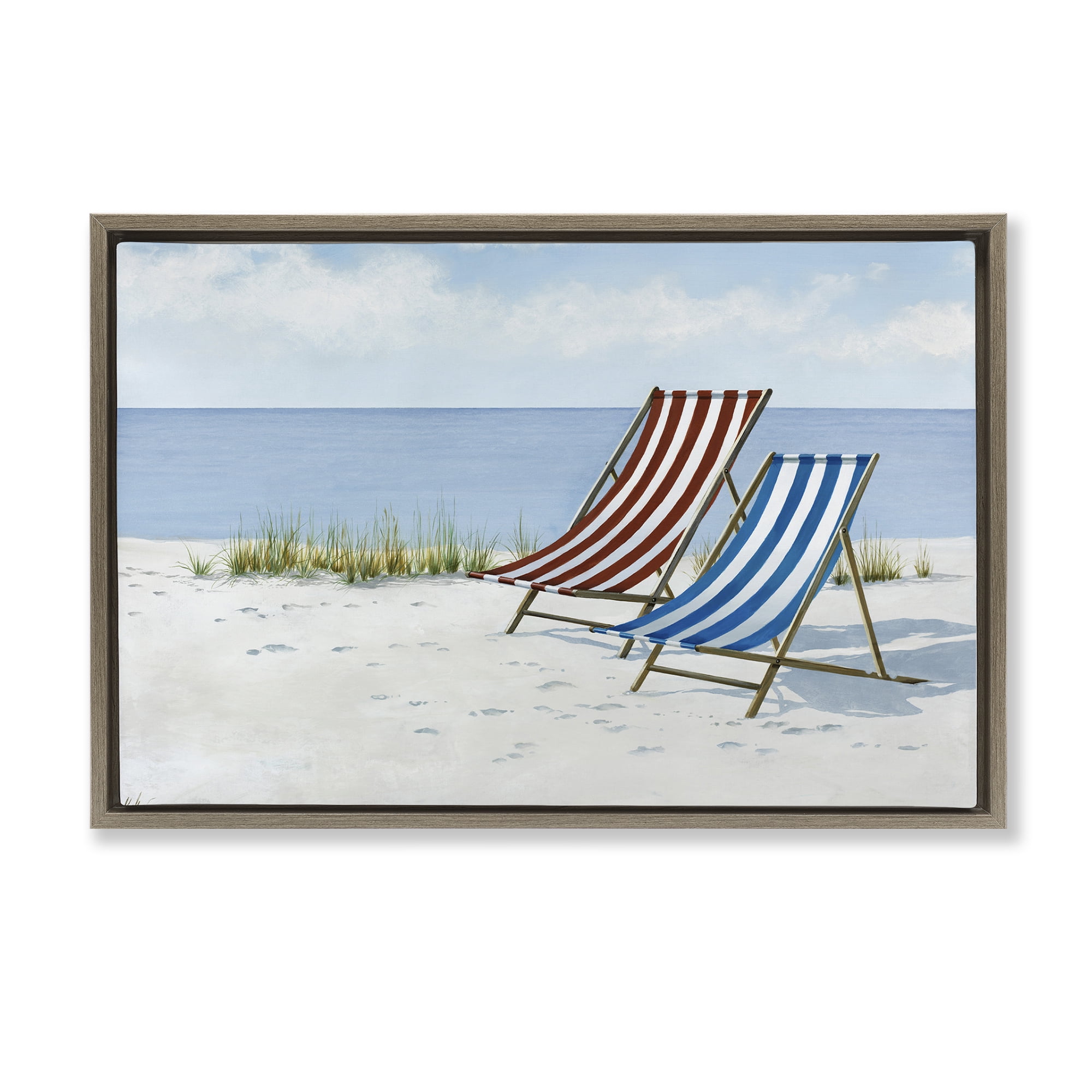 Stupell Industries Serene Beach Chairs Landscape Painting Brown Floater Framed Canvas Art Print Wall Art, 31 x 21
