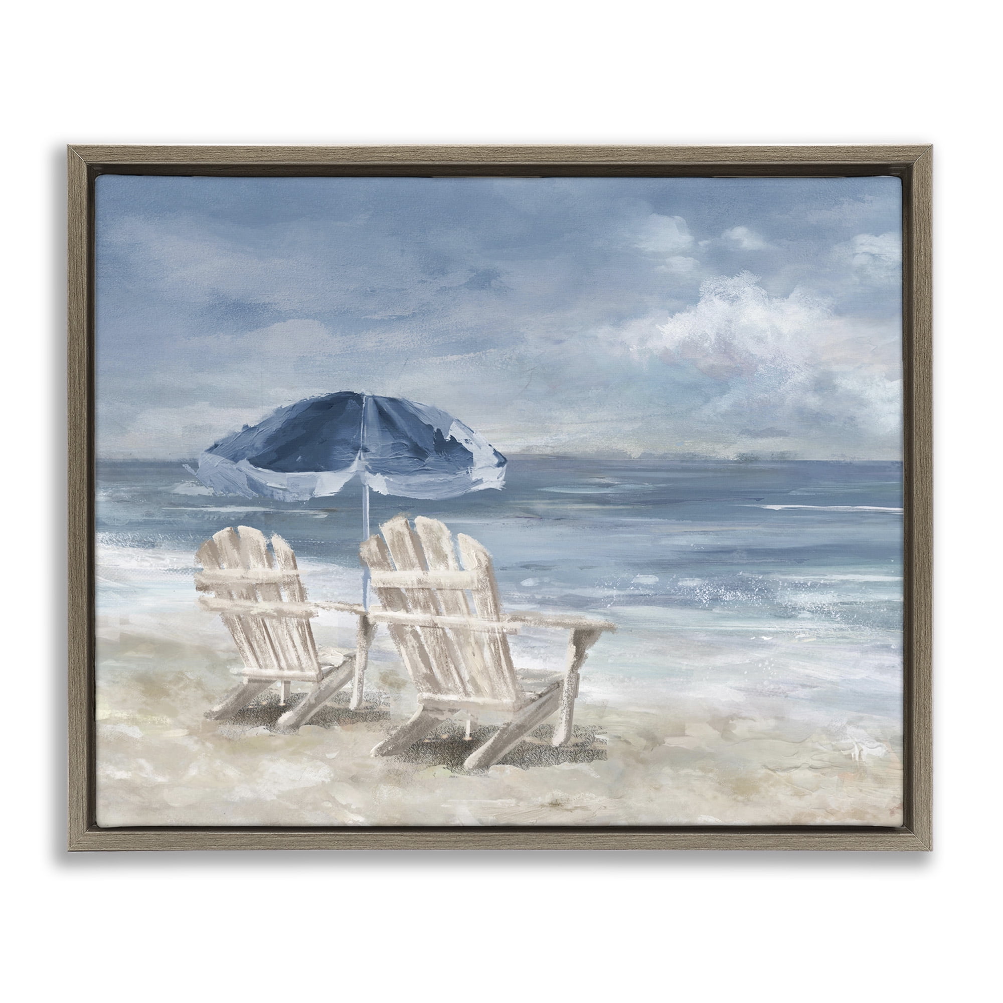 Stupell Industries Serene Beach Chairs Landscape Painting Brown Floater Framed Canvas Art Print Wall Art, 31 x 25