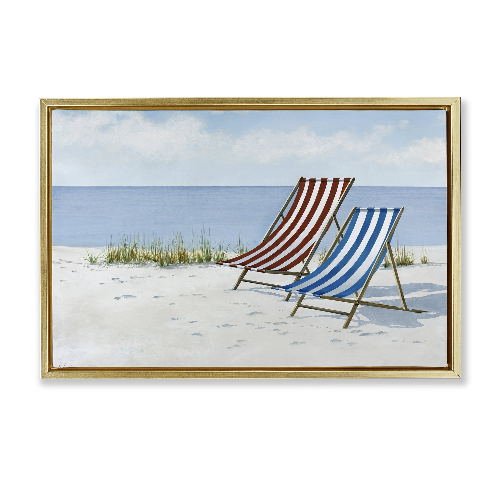 Stupell Industries Serene Beach Chairs Landscape Painting Gold Floater Framed Canvas Art Print Wall Art, 25 x 17