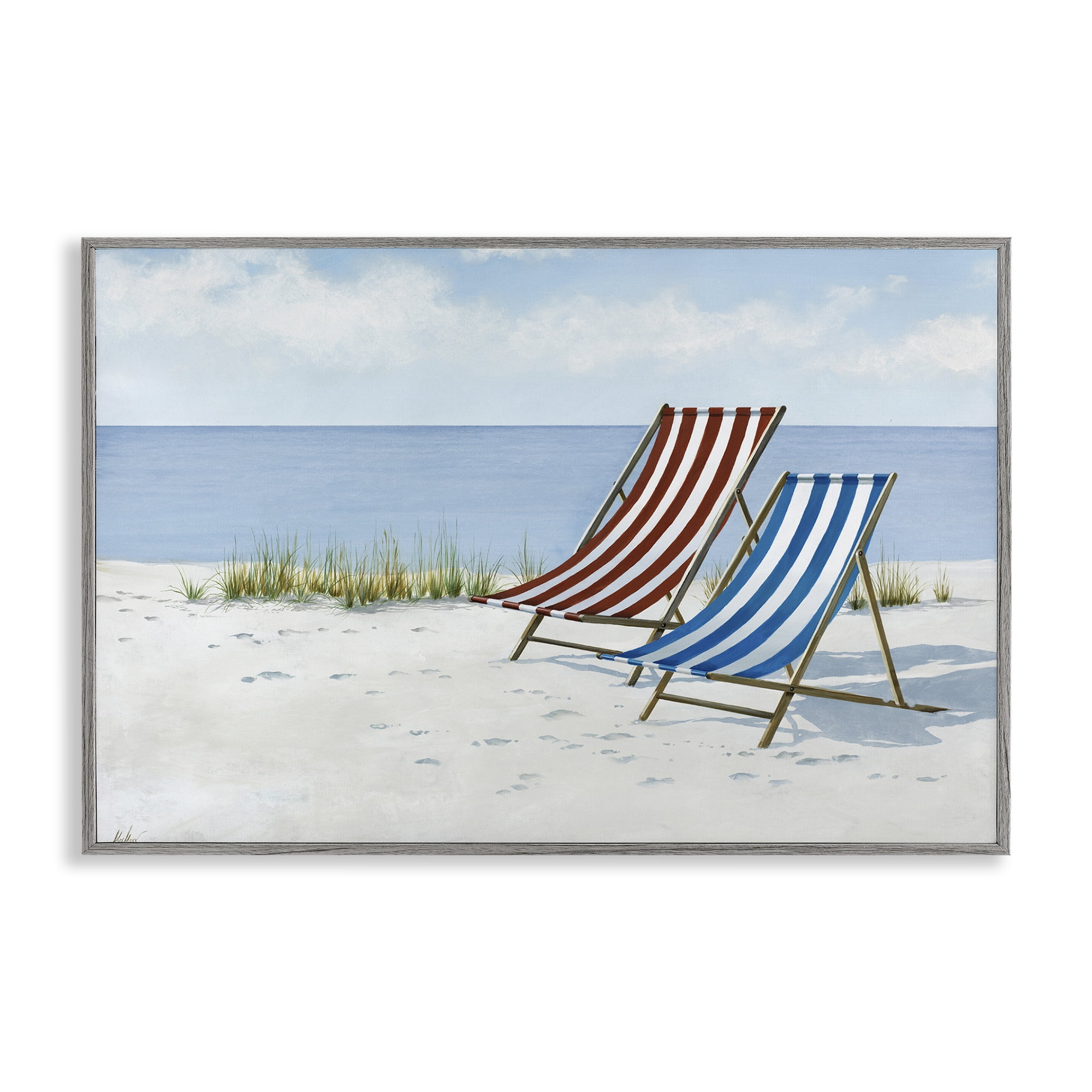 Stupell Industries Serene Beach Chairs Landscape Painting Gray Framed Art Print Wall Art, 18 x 12