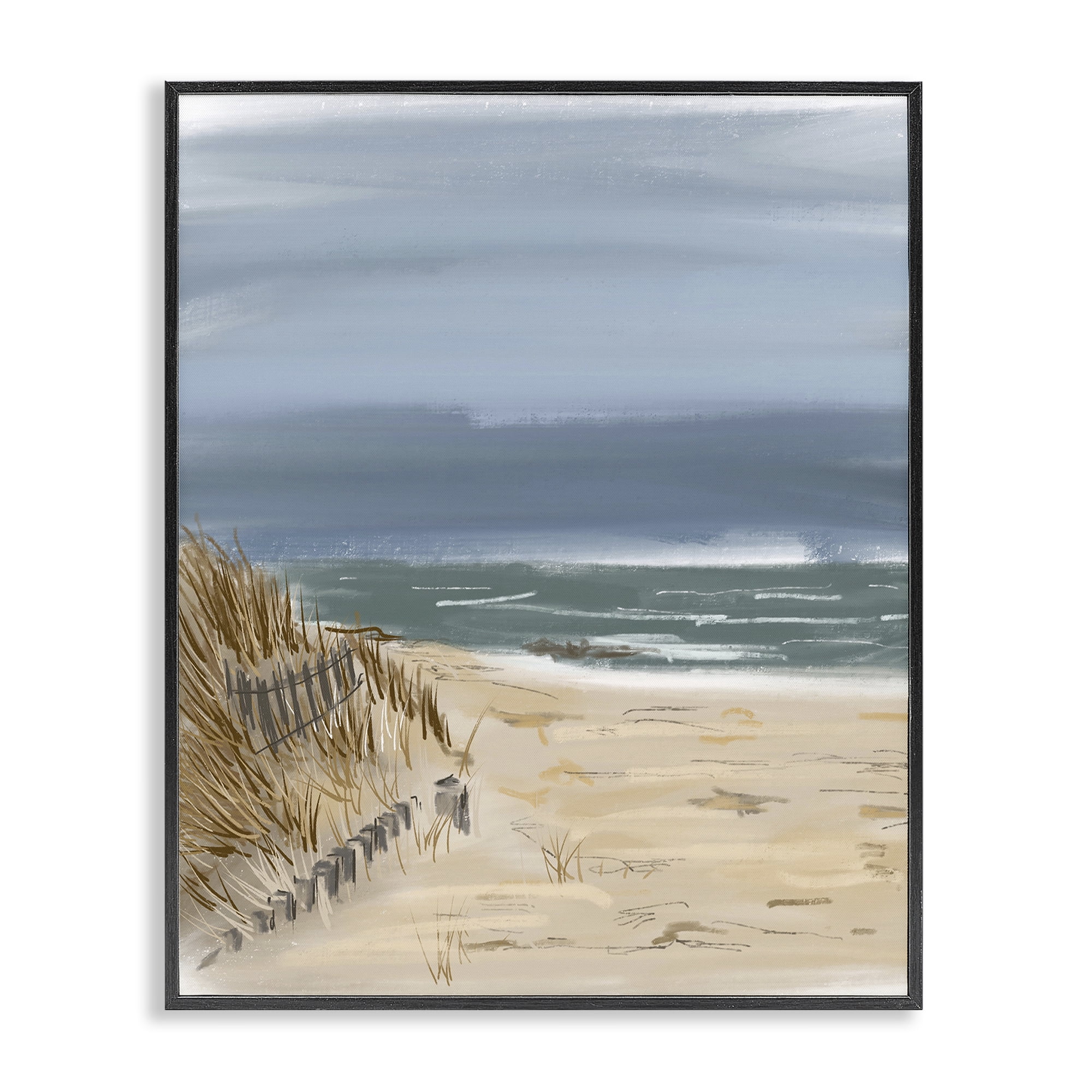 Stupell Industries Serene Beach Fence Landscape Painting Black Framed Art Print Wall Art, 24 x 30