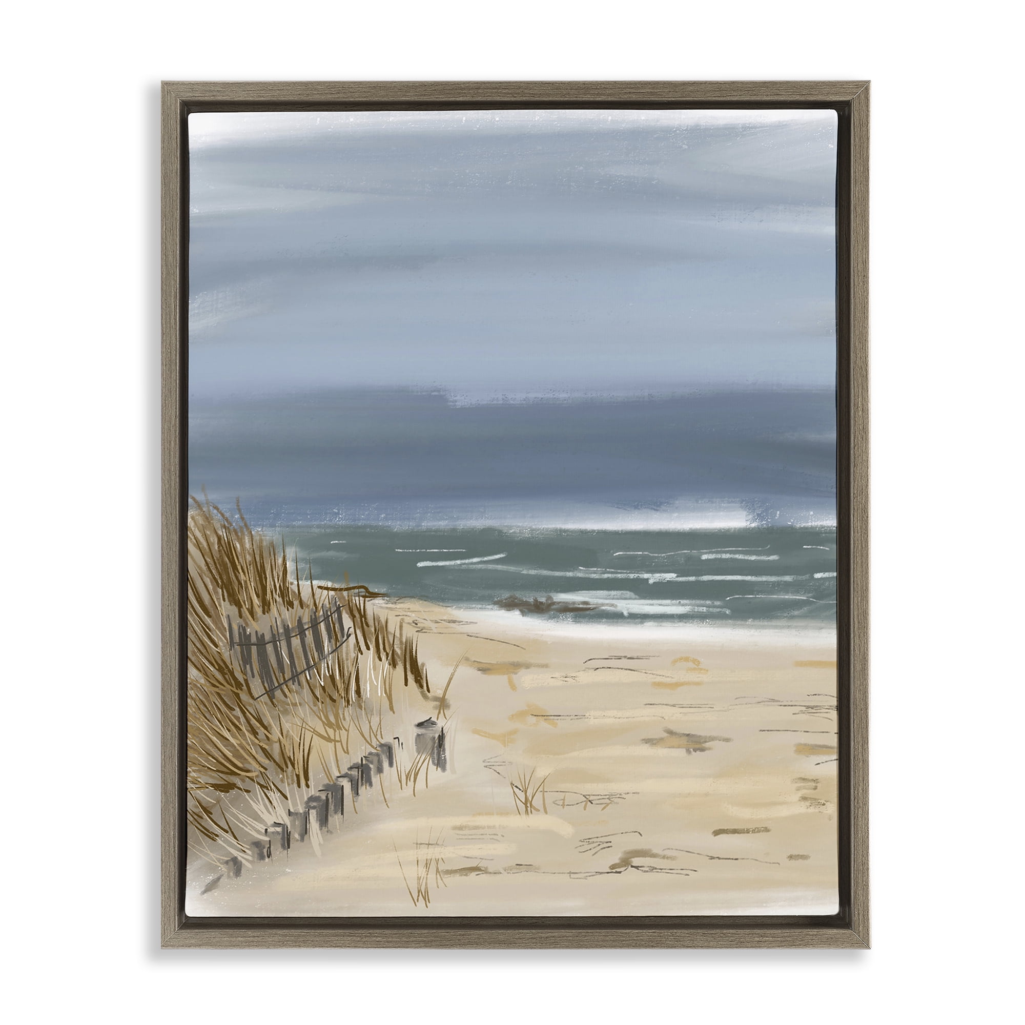 Stupell Industries Serene Beach Fence Landscape Painting Brown Floater Framed Canvas Art Print Wall Art, 25 x 31