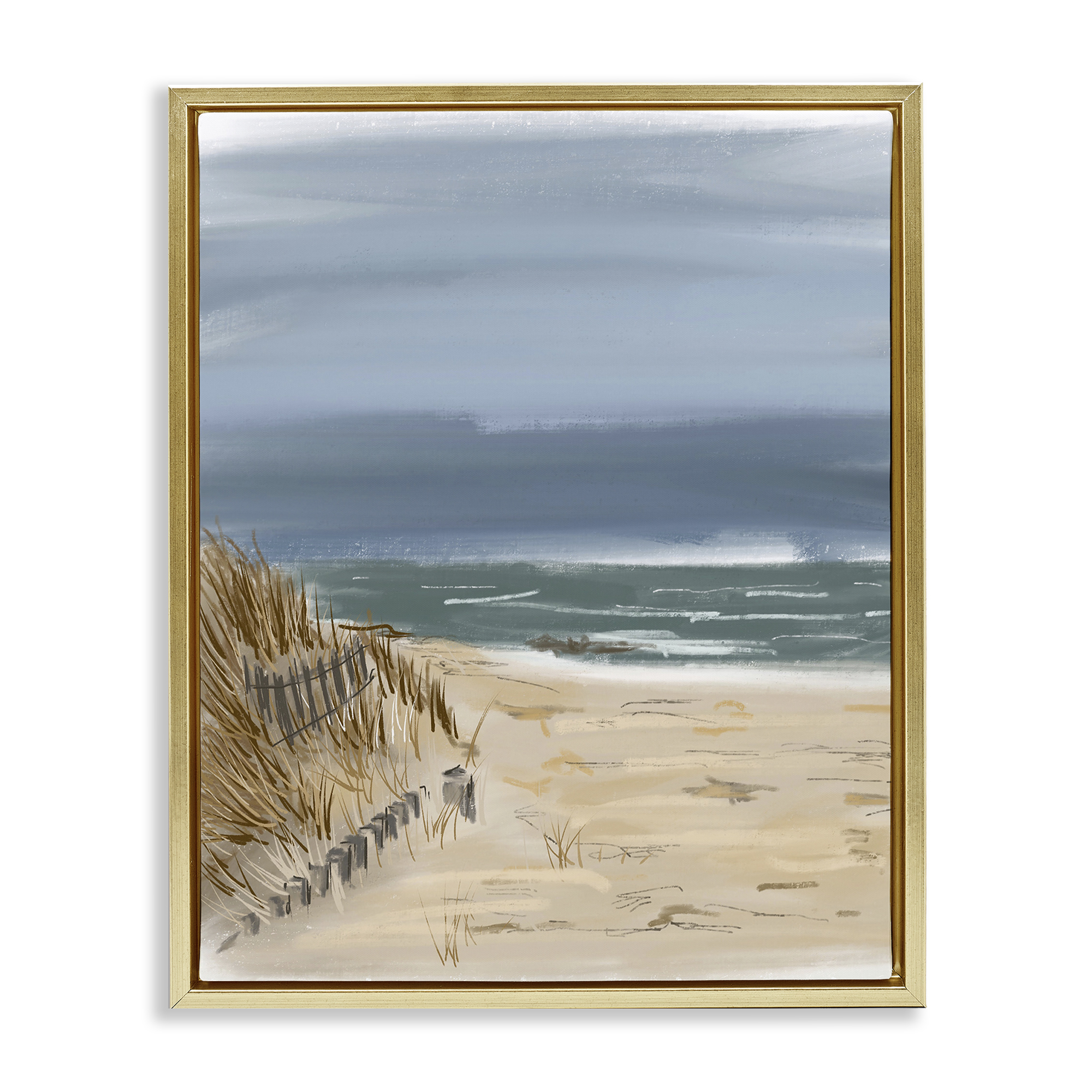 Stupell Industries Serene Beach Fence Landscape Painting Gold Floater Framed Canvas Art Print Wall Art, 17 x 21