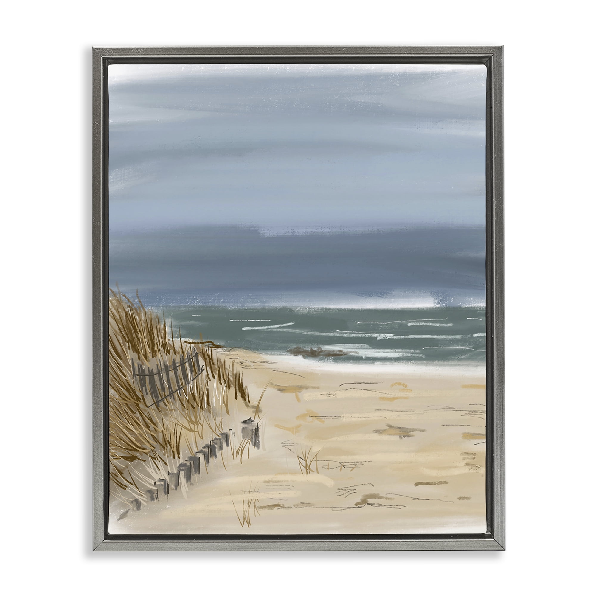 Stupell Industries Serene Beach Fence Landscape Painting Gray Floater Framed Canvas Art Print Wall Art, 25 x 31