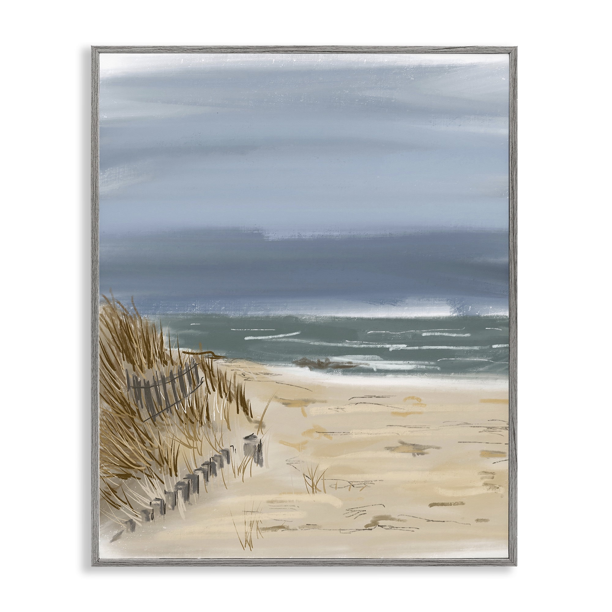 Stupell Industries Serene Beach Fence Landscape Painting Gray Framed Art Print Wall Art, 24 x 30