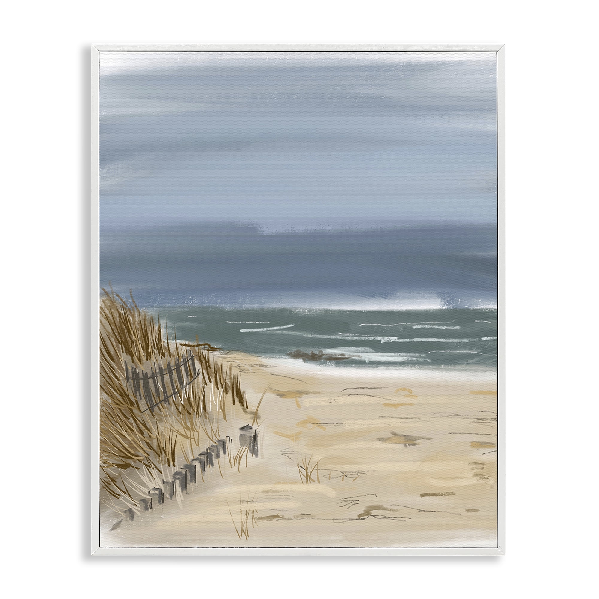 Stupell Industries Serene Beach Fence Landscape Painting White Framed Art Print Wall Art, 16 x 20