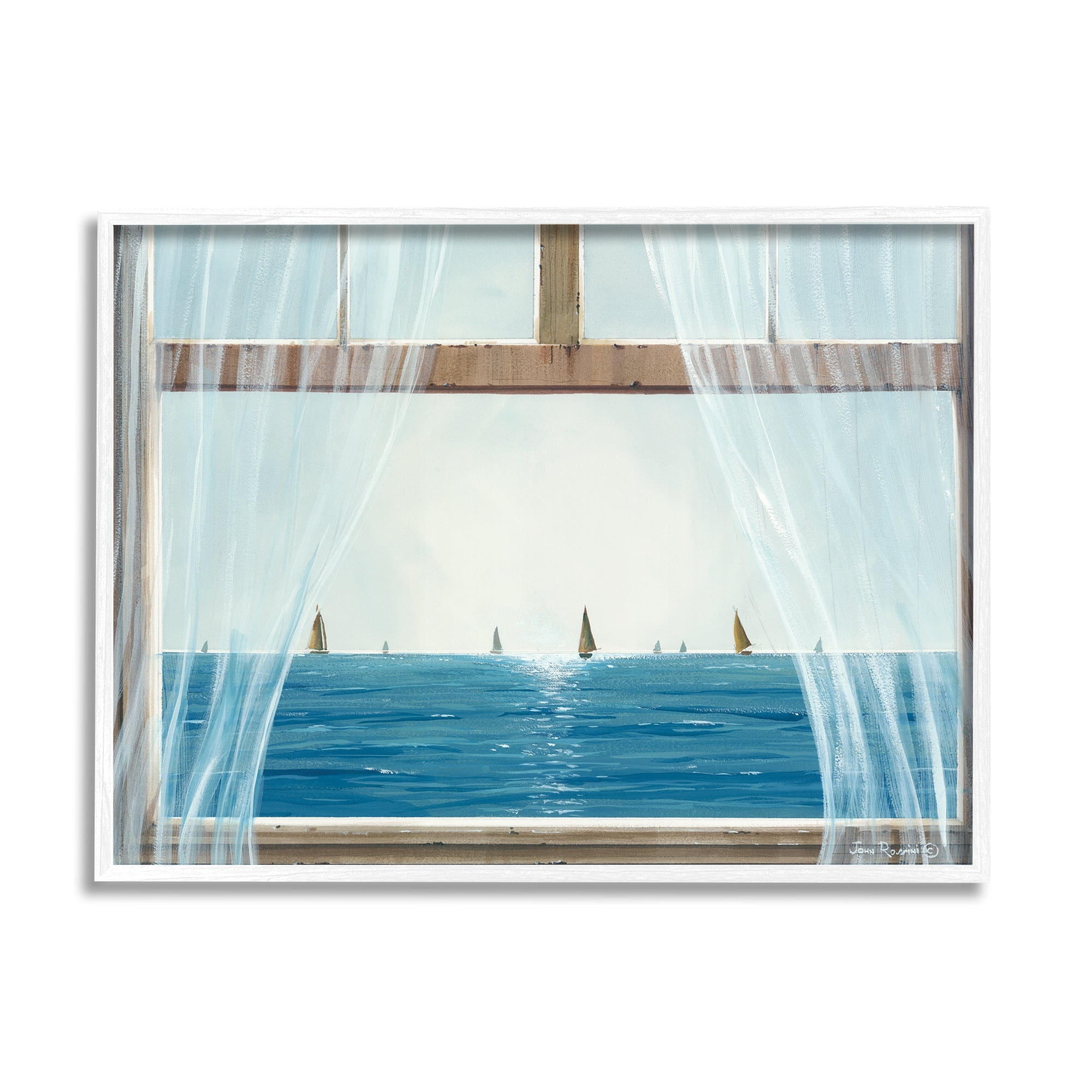 Stupell Industries Serene Beach House Window View Sailboats Ocean Framed Wall Art, 14 x 11, Design by John Rossini