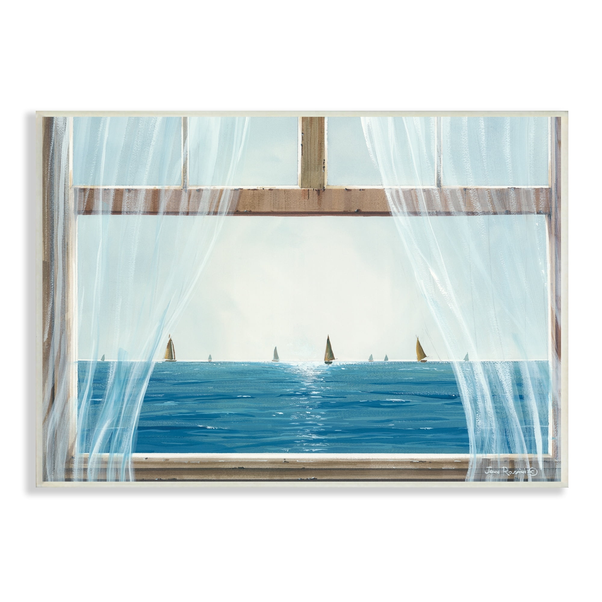 Stupell Industries Serene Beach House Window View Sailboats Ocean Wood Wall Art, 15 x 10, Design by John Rossini