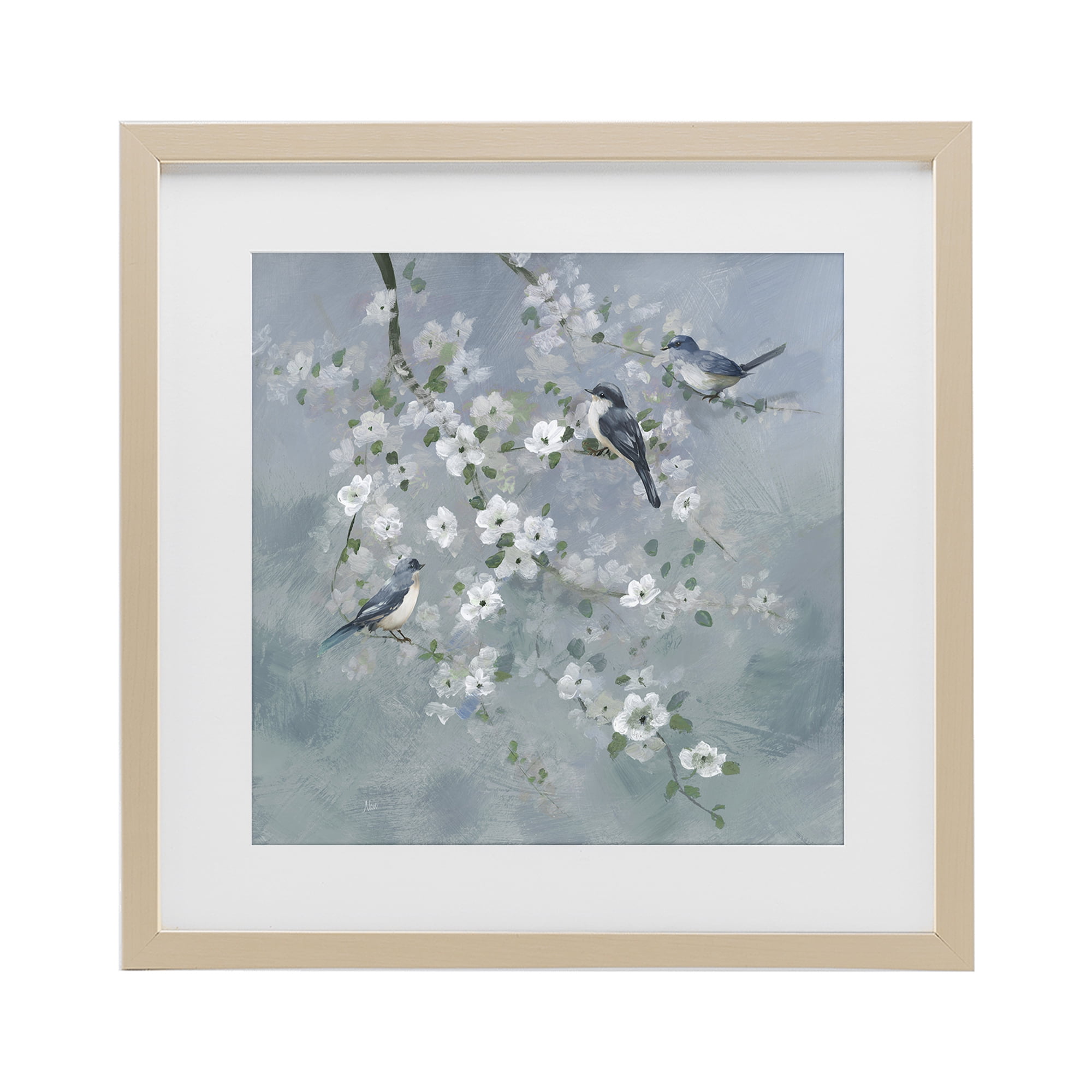 Stupell Industries Serene Birds on White Blooms Birch Framed Print Under Glass, design by Nan