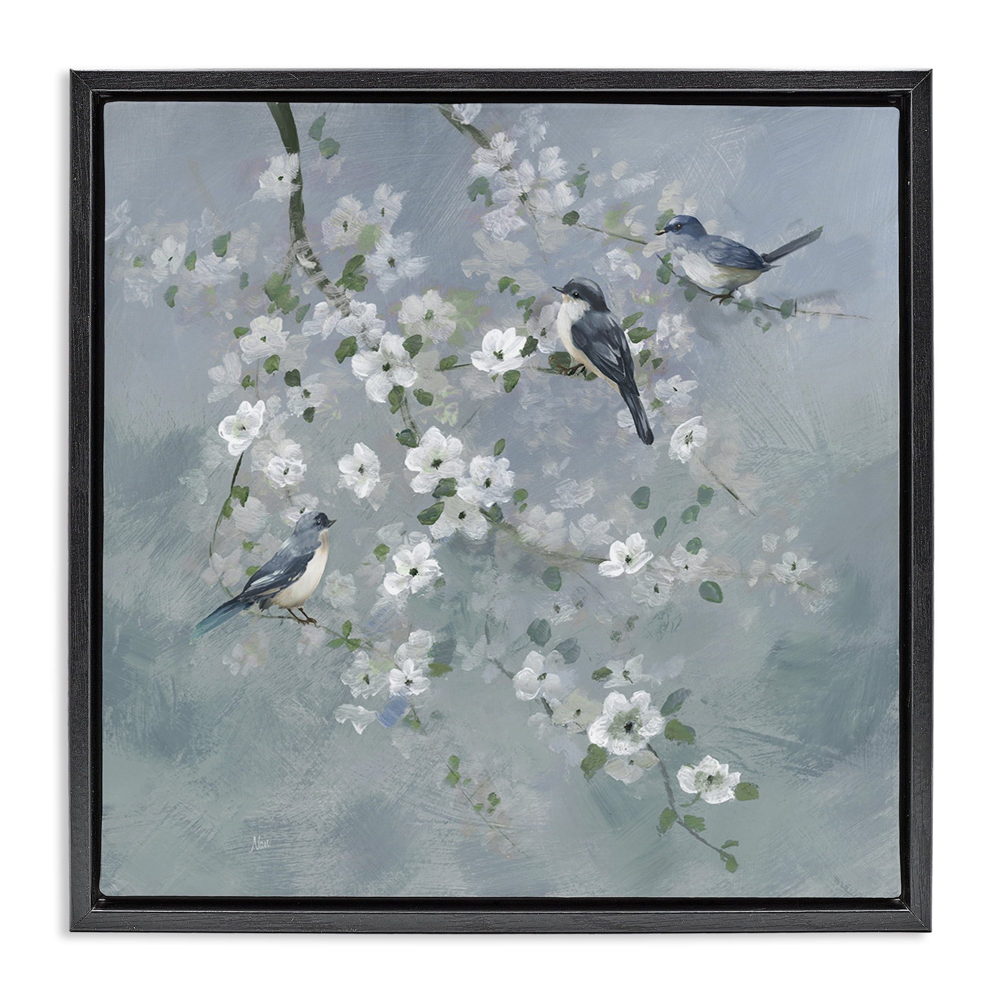 Stupell Industries Serene Birds on White Blooms Black Framed Floater Canvas Wall Art, design by Nan