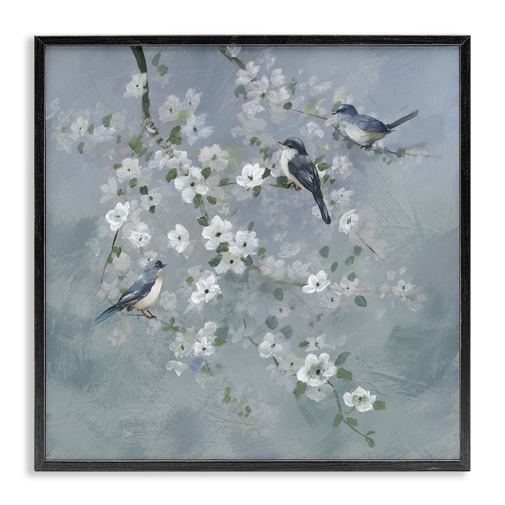 Stupell Industries Serene Birds on White Blooms Black Framed Giclee Art, design by Nan