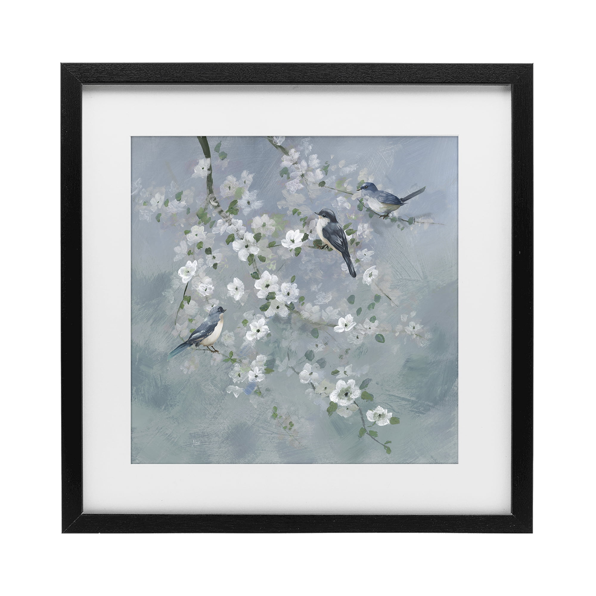 Stupell Industries Serene Birds on White Blooms Black Framed Print Under Glass, design by Nan