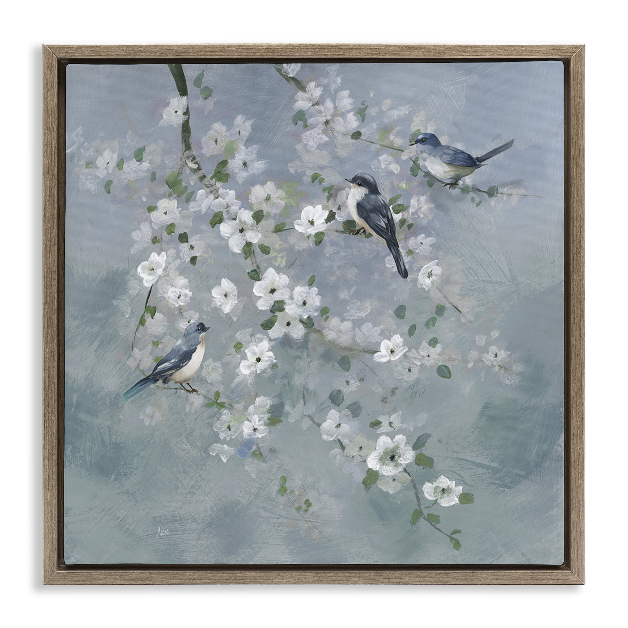 Stupell Industries Serene Birds on White Blooms Brown Framed Floater Canvas Wall Art, design by Nan