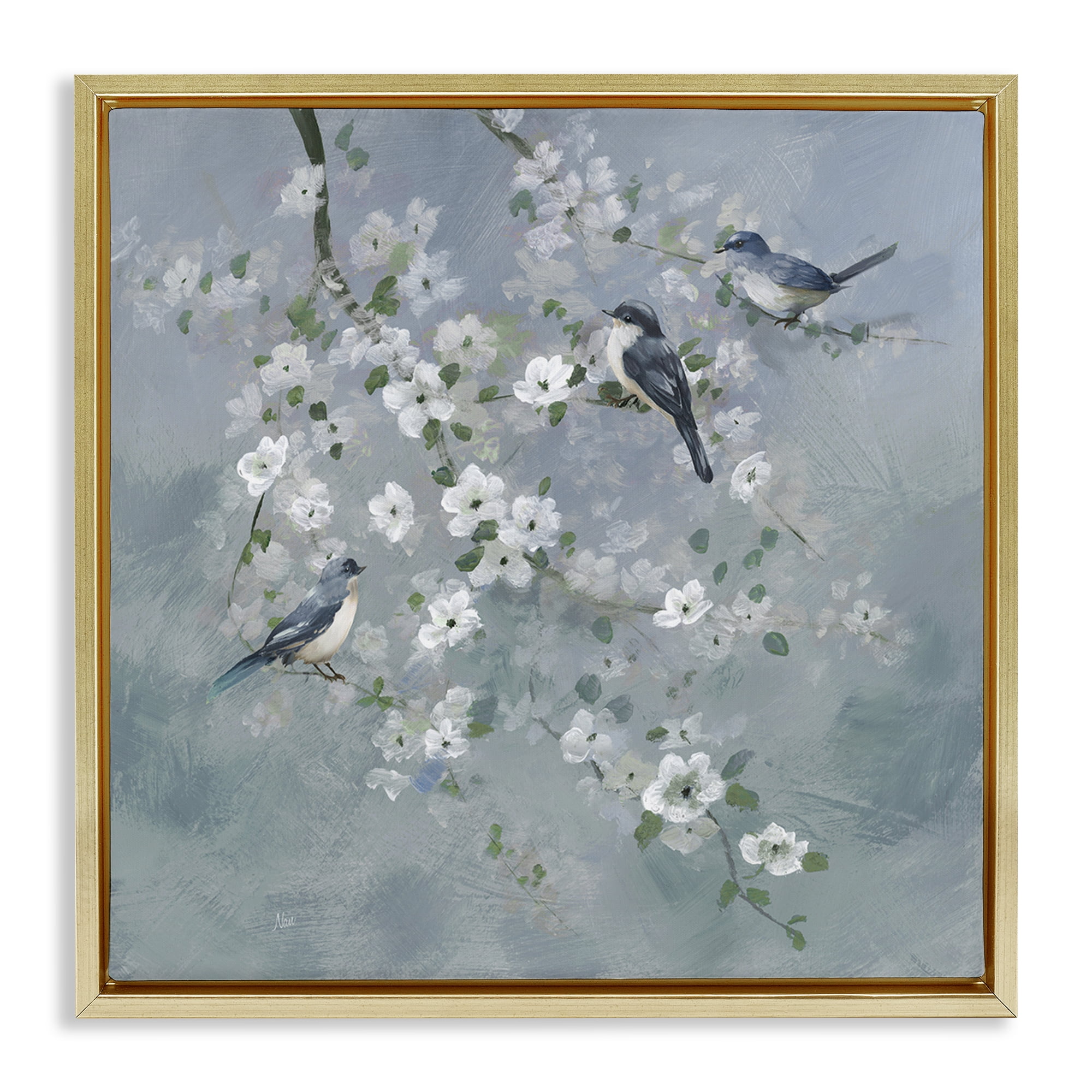 Stupell Industries Serene Birds on White Blooms Gold Framed Floater Canvas Wall Art, design by Nan