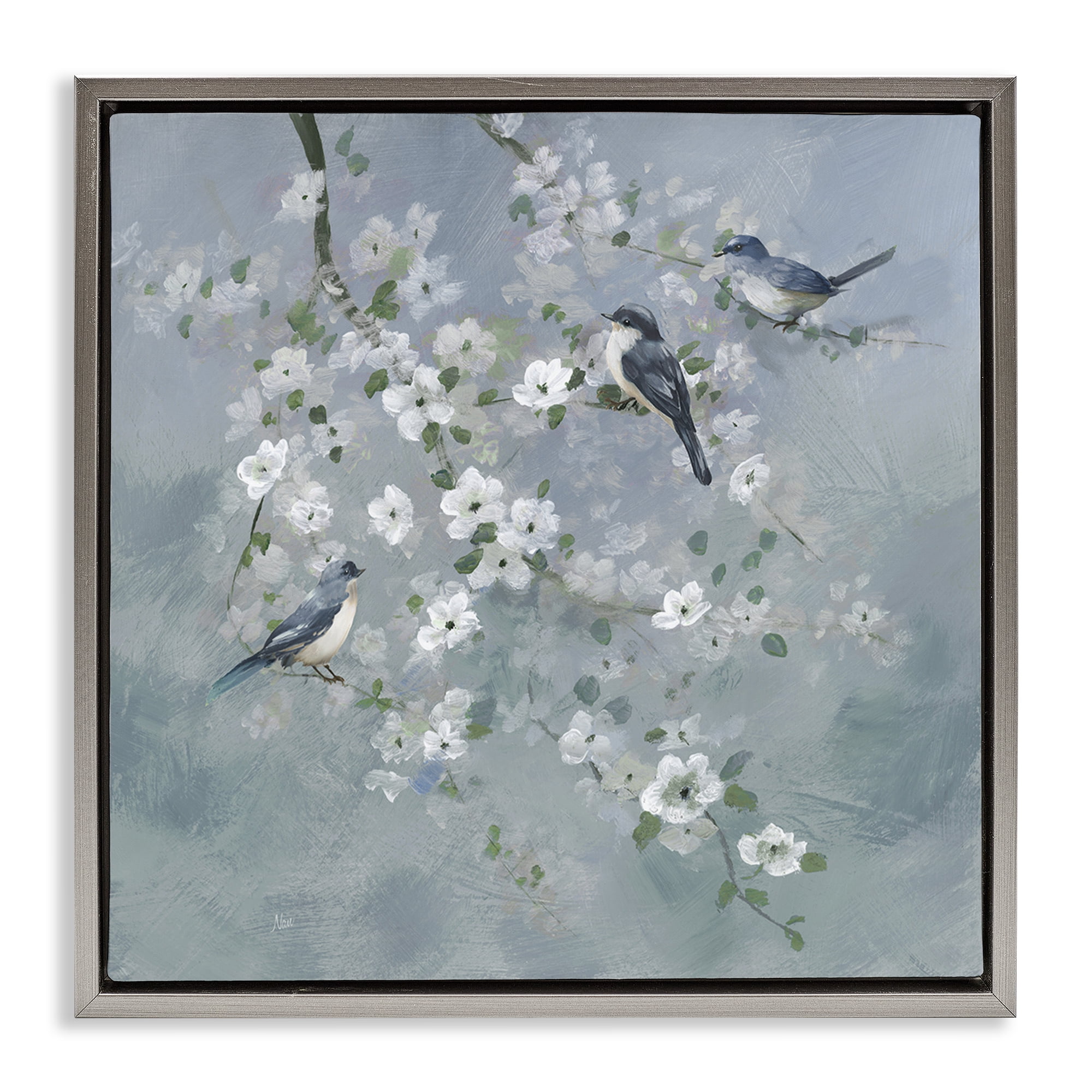 Stupell Industries Serene Birds on White Blooms Gray Framed Floater Canvas Wall Art, design by Nan