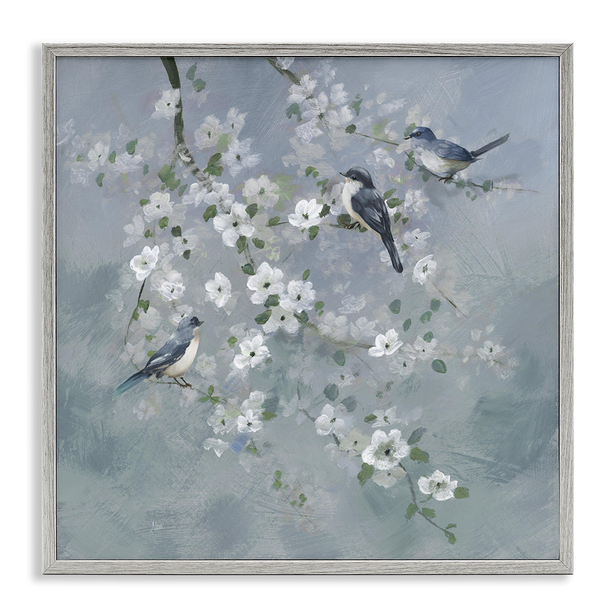 Stupell Industries Serene Birds on White Blooms Gray Framed Giclee Art, design by Nan