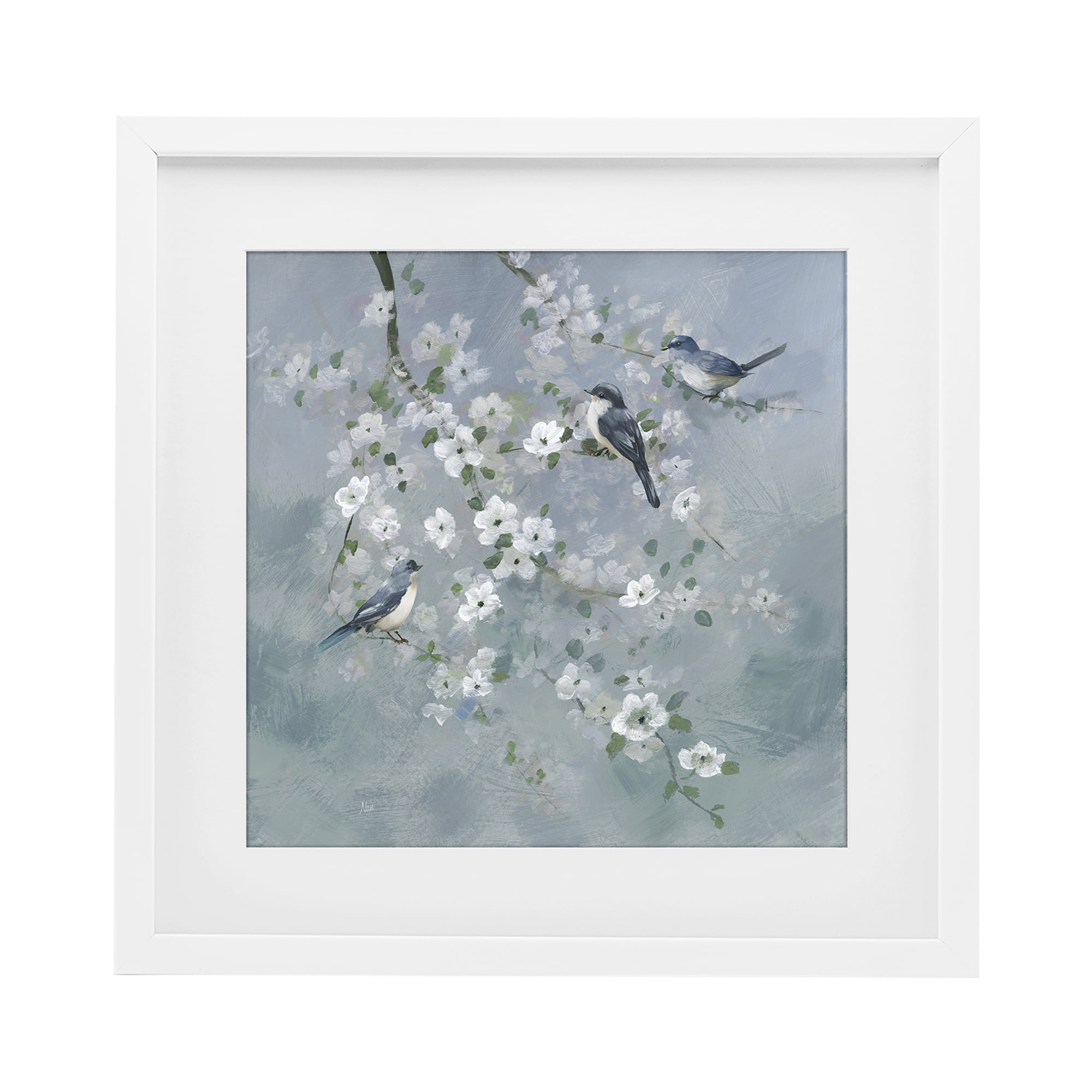 Stupell Industries Serene Birds on White Blooms White Framed Print Under Glass, design by Nan