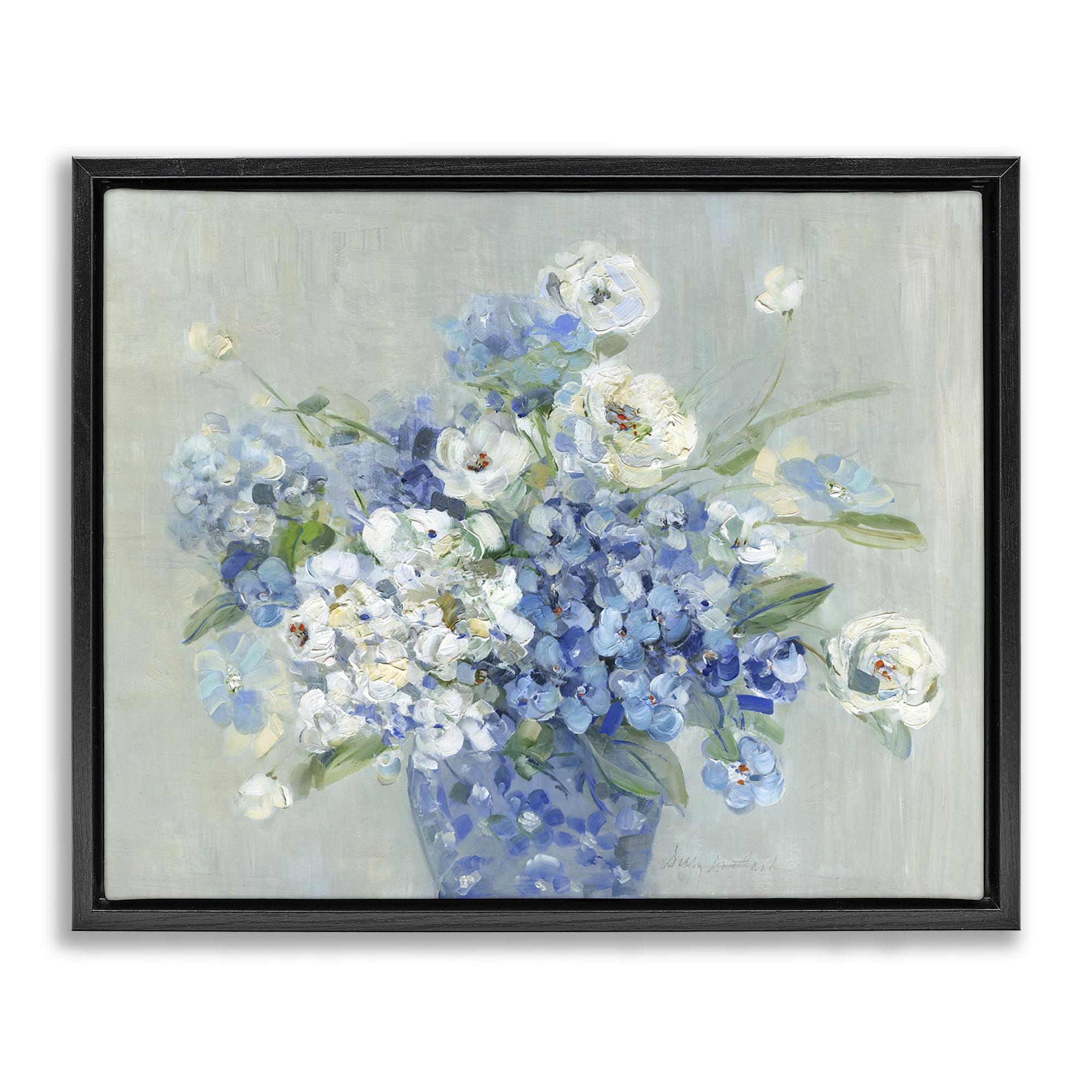 Stupell Industries Serene Blue And White Bouquet Black Framed Floater Canvas Wall Art, design by Sally Swatland