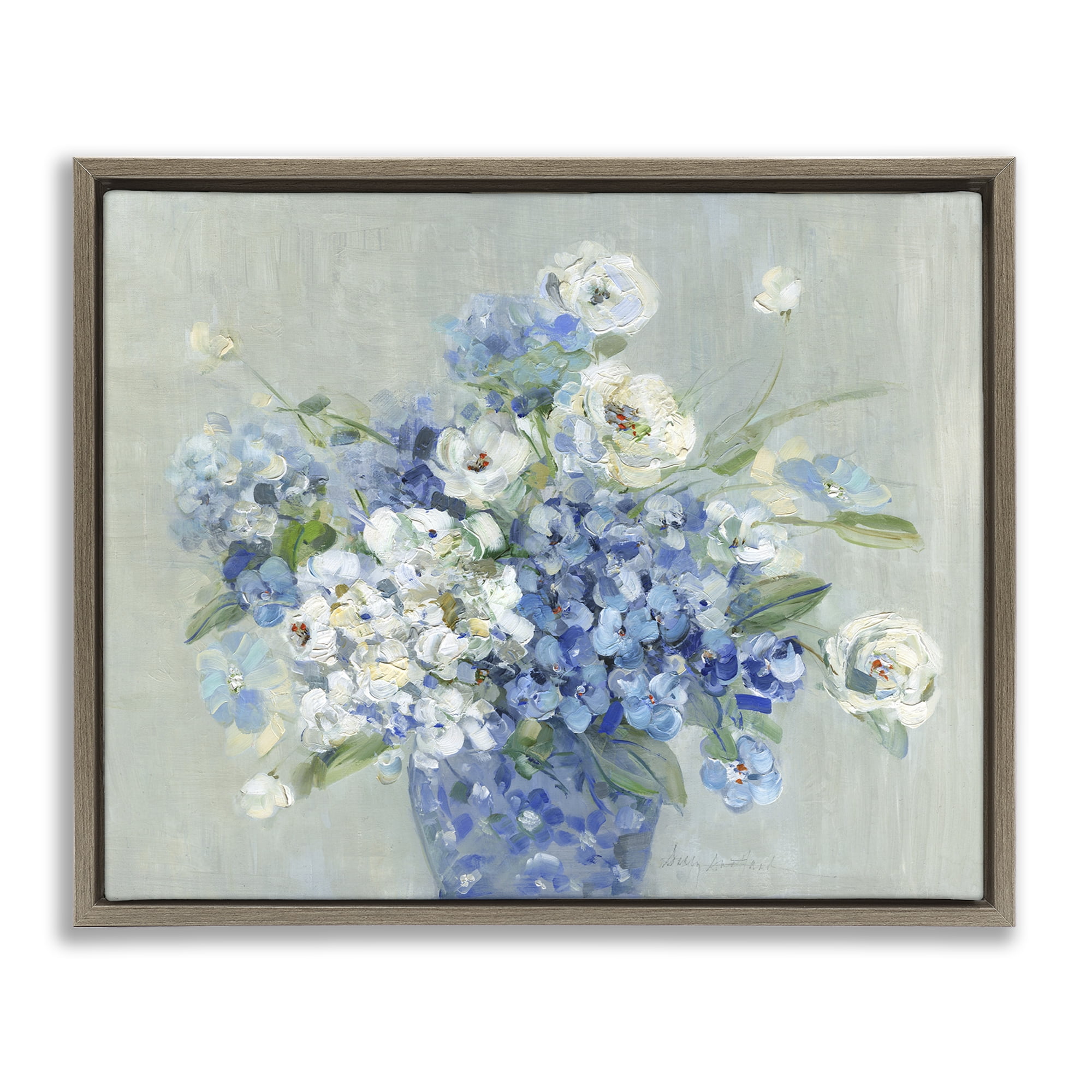 Stupell Industries Serene Blue And White Bouquet Brown Framed Floater Canvas Wall Art, design by Sally Swatland