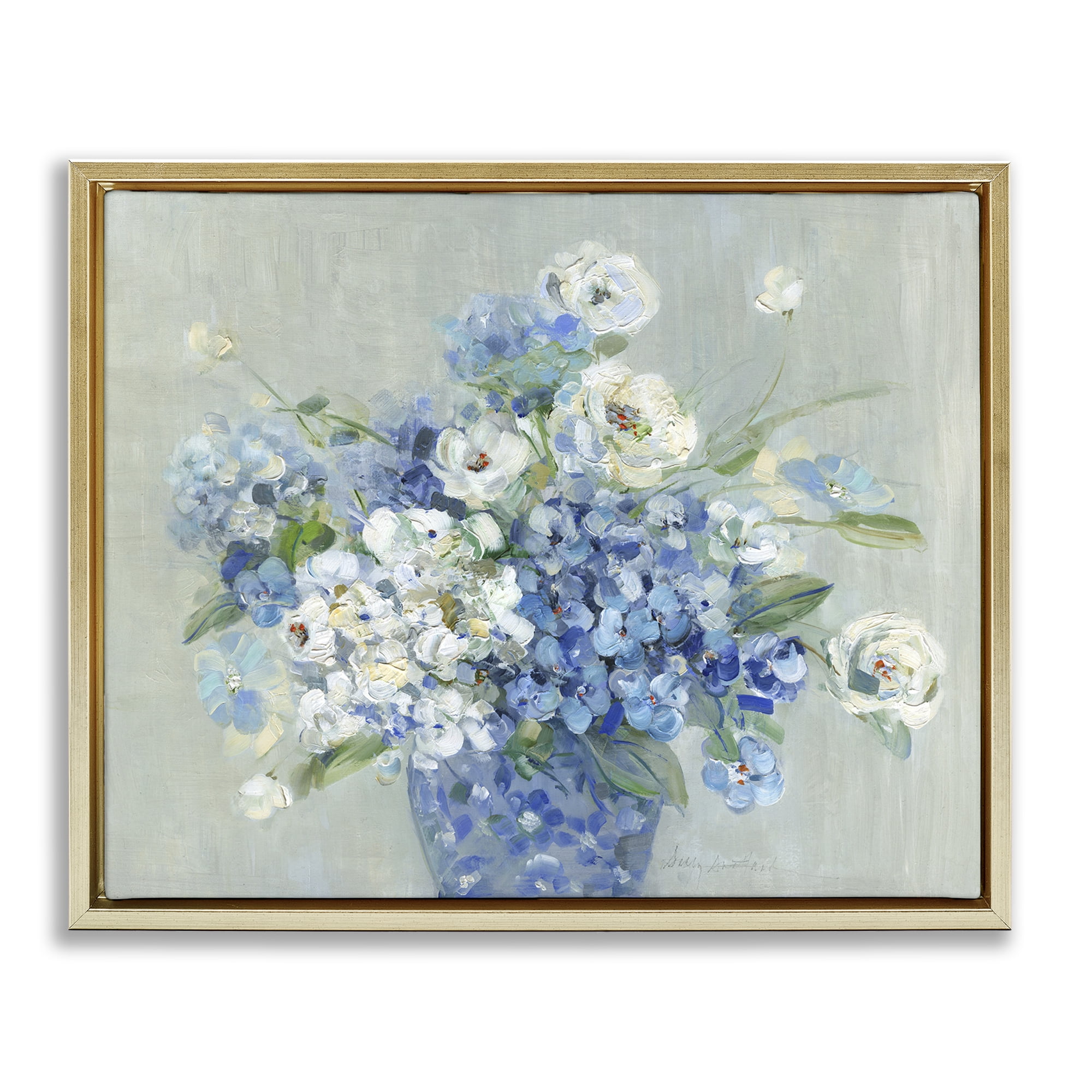 Stupell Industries Serene Blue And White Bouquet Gold Framed Floater Canvas Wall Art, design by Sally Swatland
