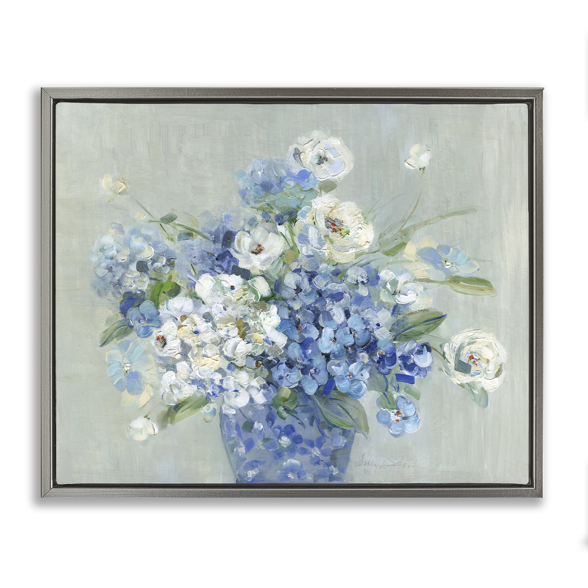 Stupell Industries Serene Blue And White Bouquet Gray Framed Floater Canvas Wall Art, design by Sally Swatland