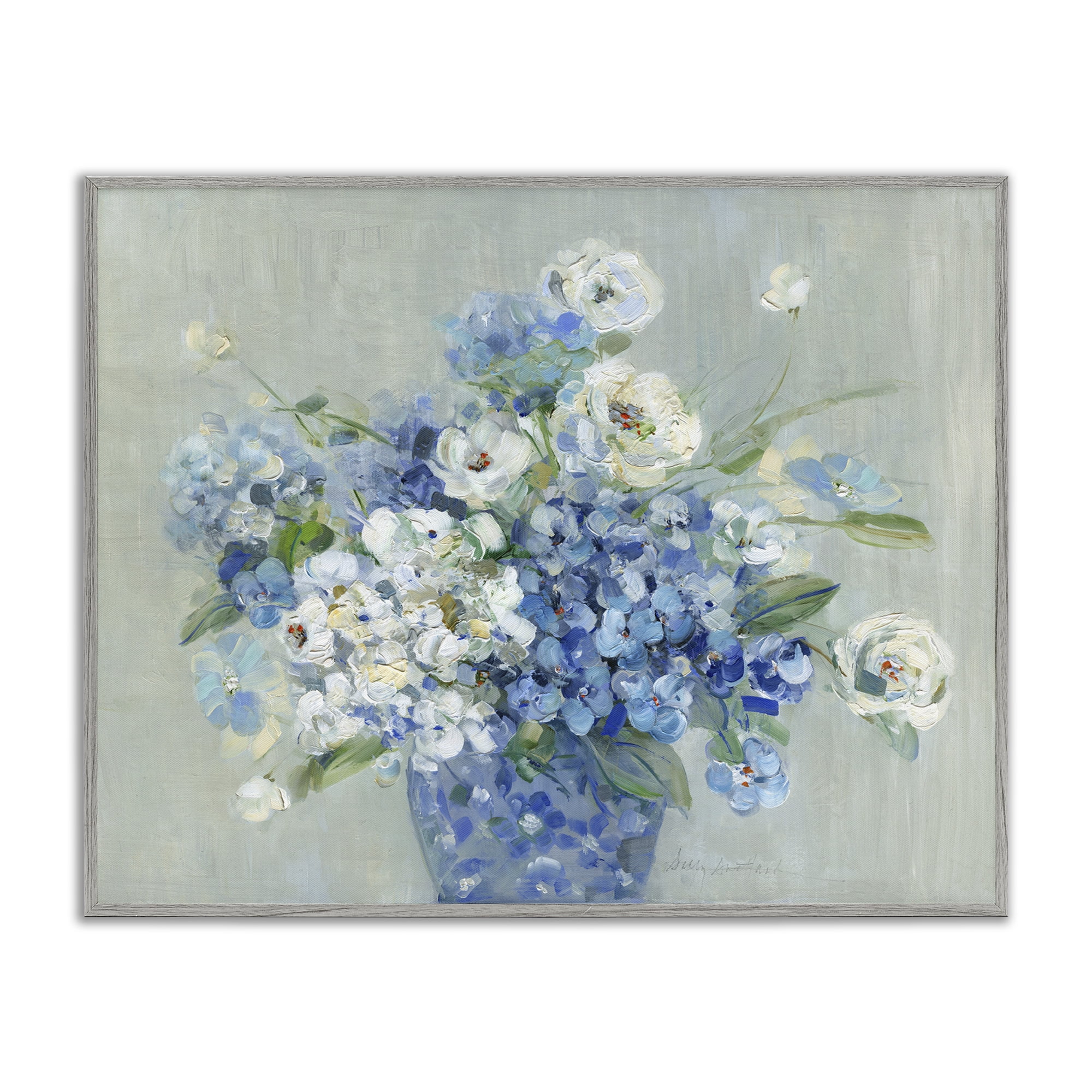 Stupell Industries Serene Blue And White Bouquet Gray Framed Giclee Art, design by Sally Swatland