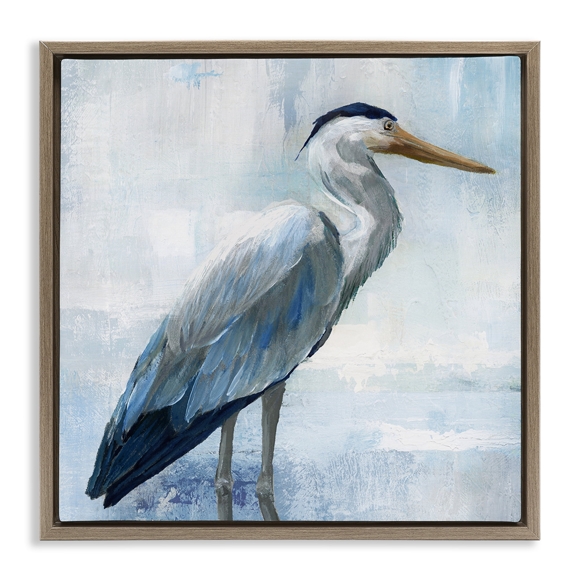 Stupell Industries Serene Blue Heron In Aqua Brown Framed Floater Canvas Wall Art, design by Nan
