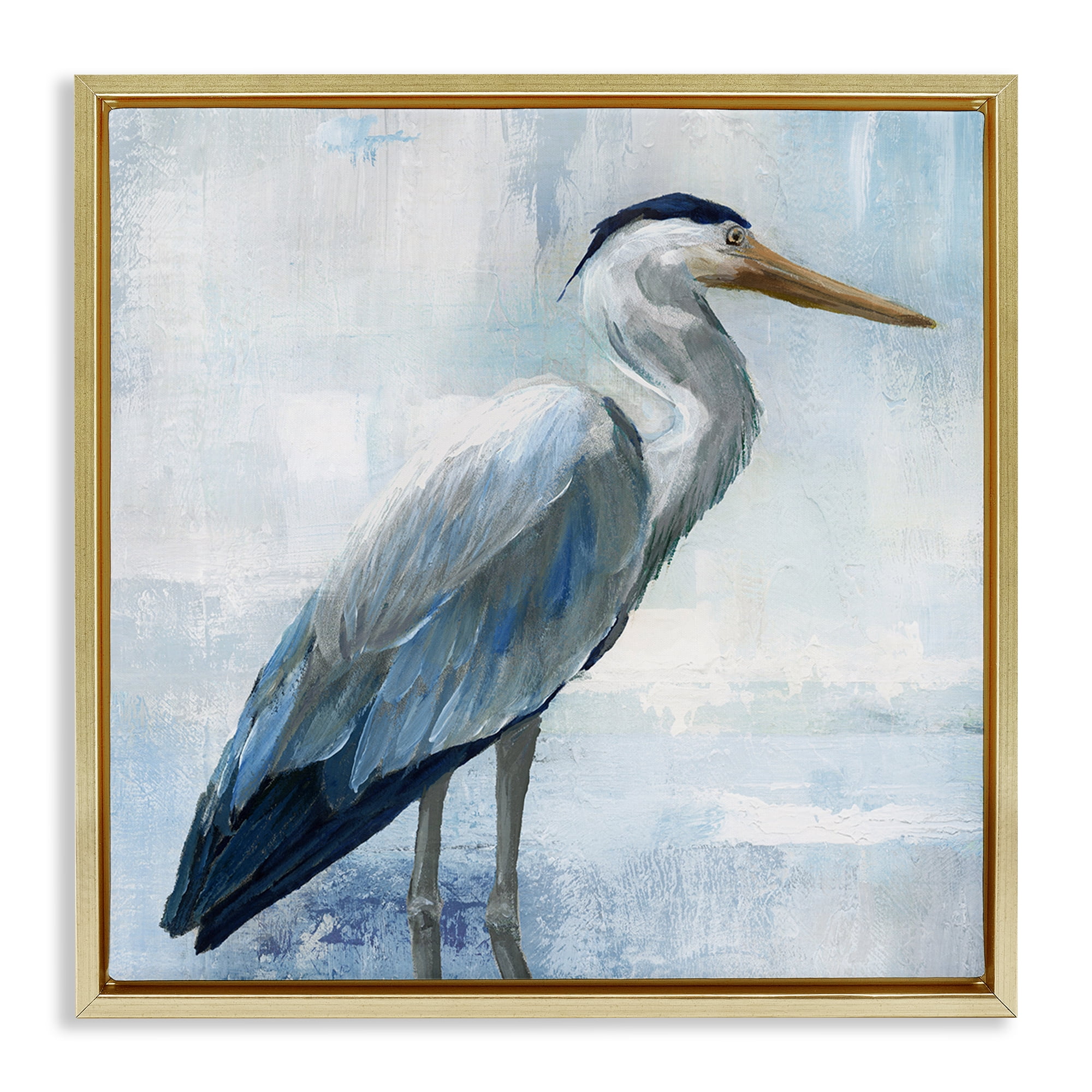 Stupell Industries Serene Blue Heron In Aqua Gold Framed Floater Canvas Wall Art, design by Nan
