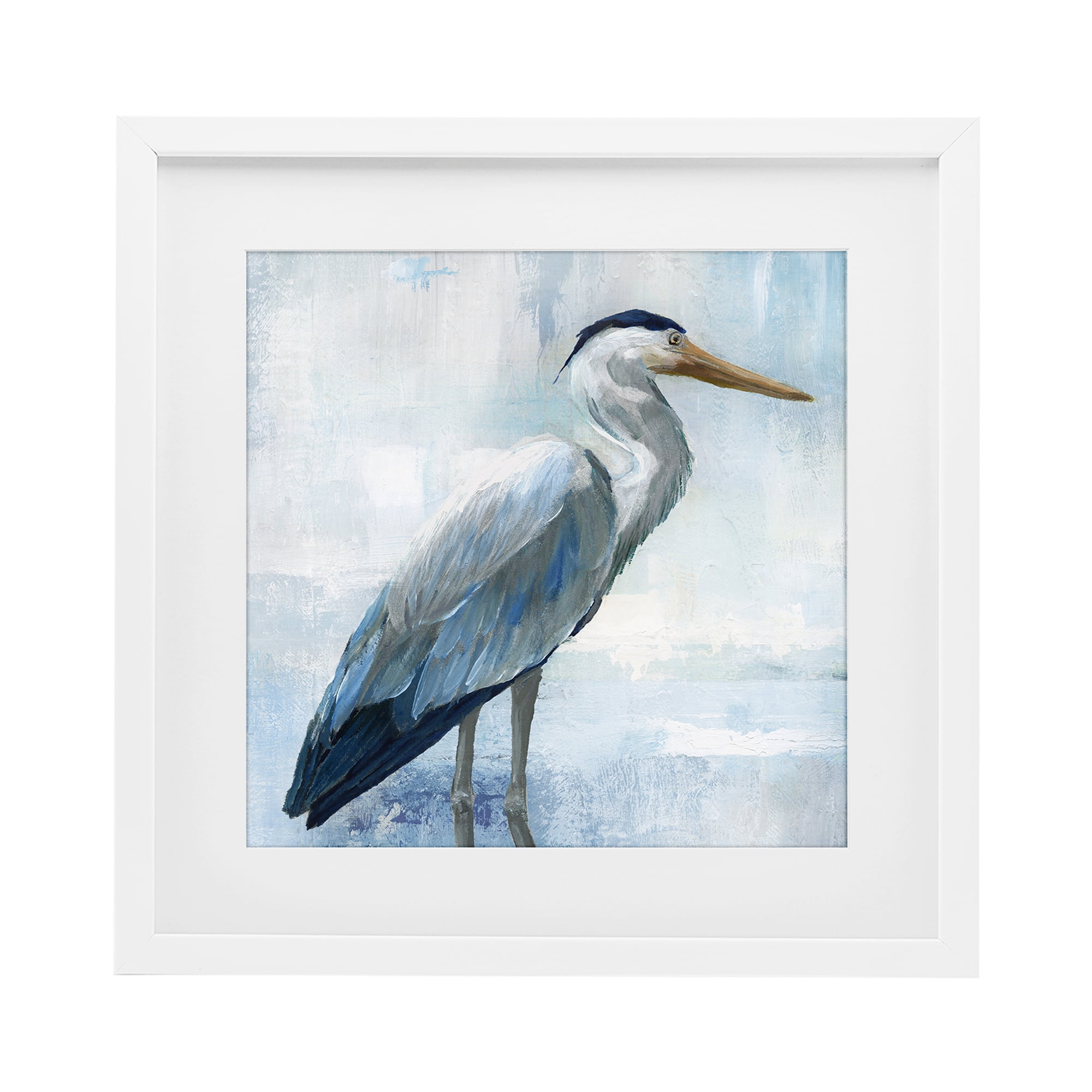Stupell Industries Serene Blue Heron In Aqua White Framed Print Under Glass, design by Nan