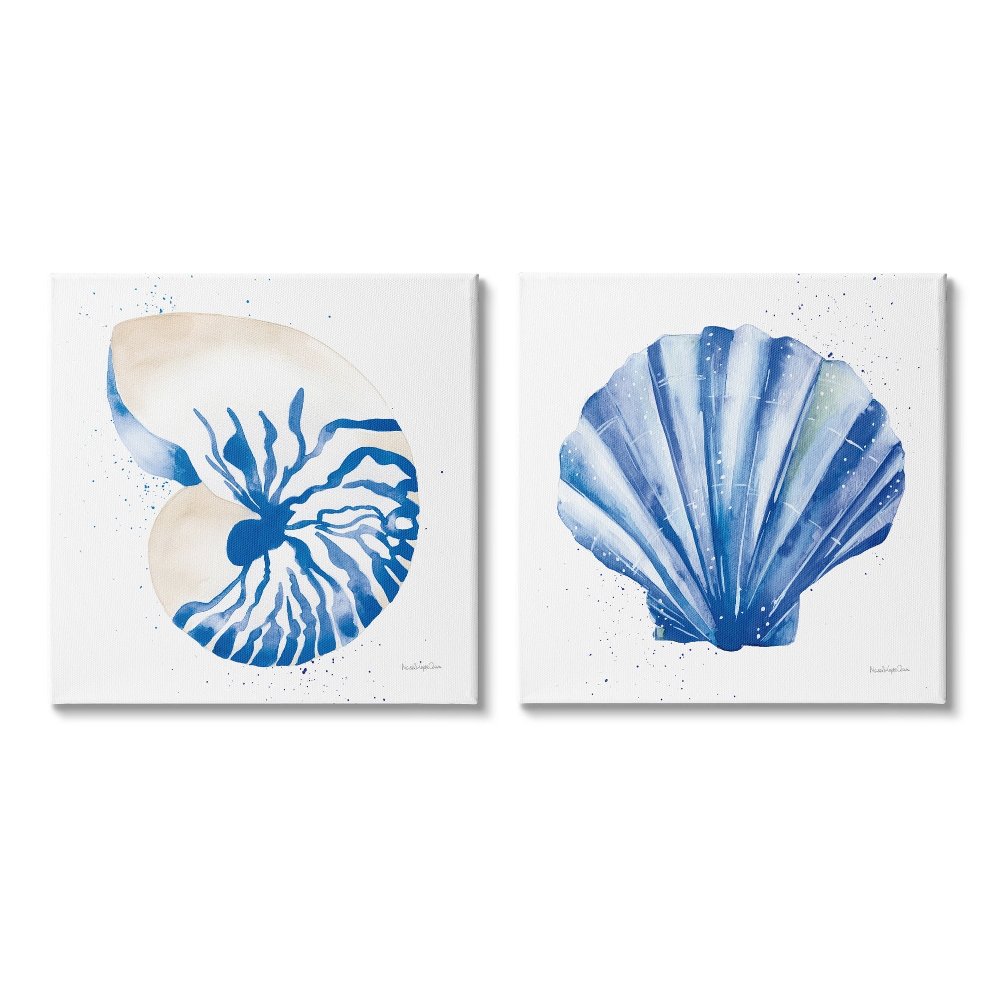 Stupell Industries Serene Blue Seashell Clam Simple Design Coastal Painting Gallery-Wrapped Canvas Print Wall Art Set of 2, 24 x 24, Design by Mercedes Lopez Charro
