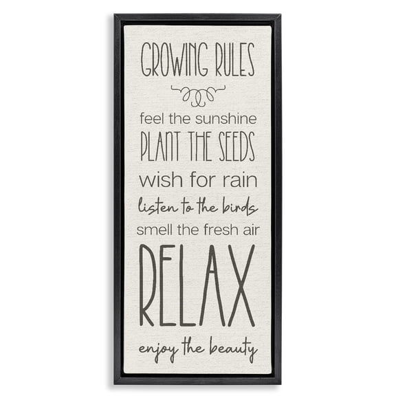 Stupell Industries Serene Gardening Rules Quotes and Sayings Painting Black Floater Framed Canvas Art Print Wall Art, 15 x 31