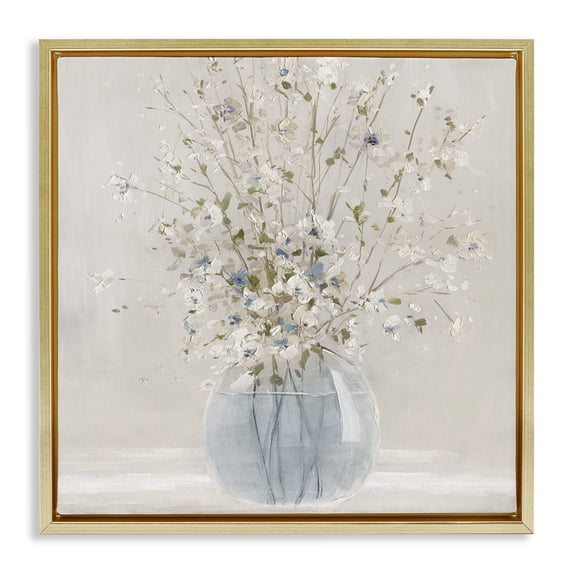 Stupell Industries Farmhouse Serene Glass Vase Bouquet Gold Floating Frame Canvas Art, 18 x 18, by Carol Robinson