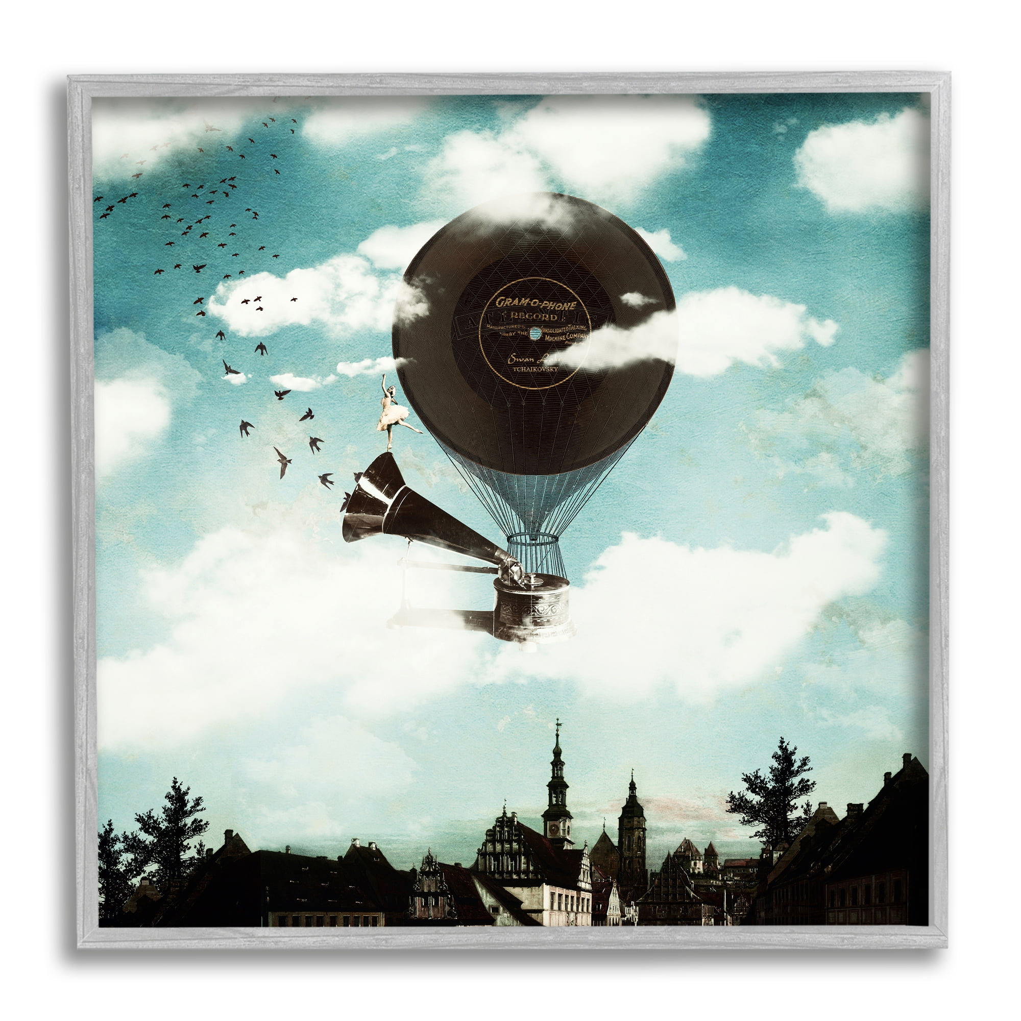 Stupell Industries Serene Gramophone Flying Birds Clouds City Buildings Framed Wall Art, 12 x 12, Design by Paula Belle Flores