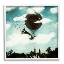 Stupell Industries Serene Gramophone Flying Birds Clouds City Buildings Framed Wall Art, 24 x 24, Design by Paula Belle Flores