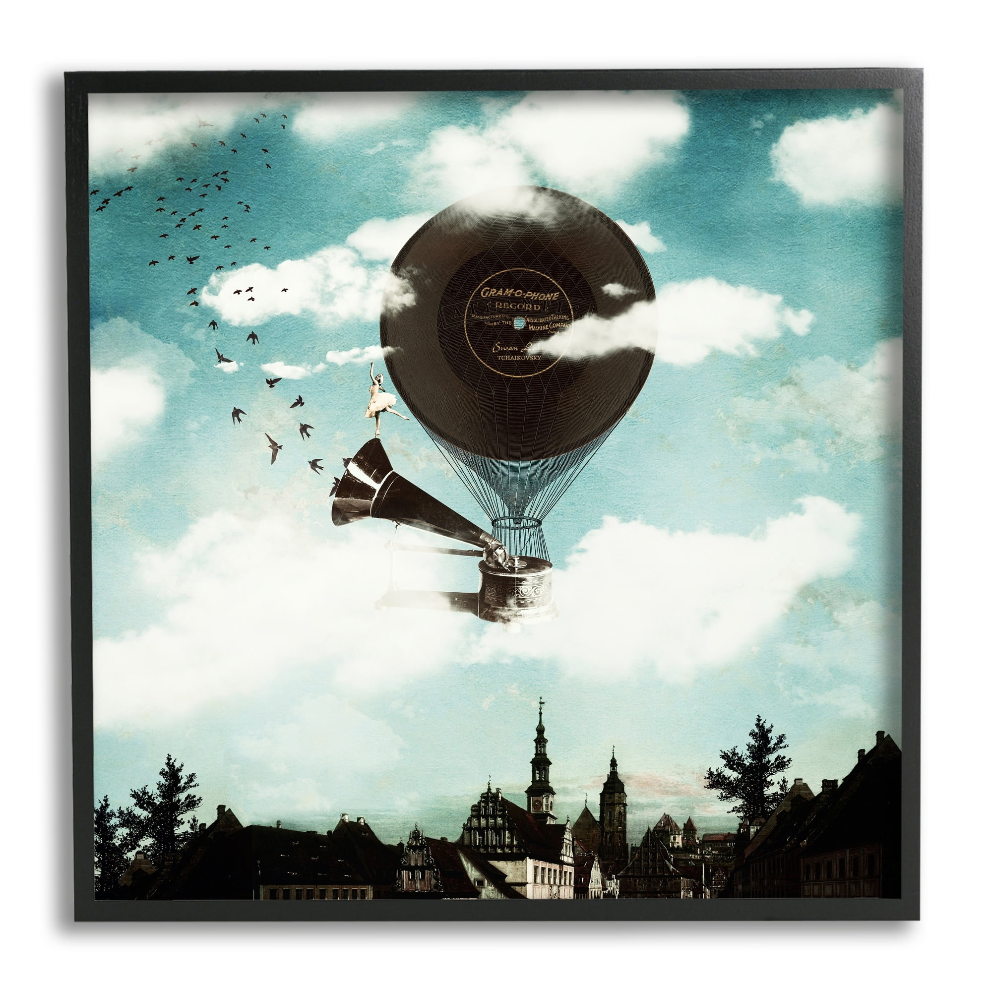 Stupell Industries Serene Gramophone Flying Birds Clouds City Buildings Framed Wall Art, 24 x 24, Design by Paula Belle Flores