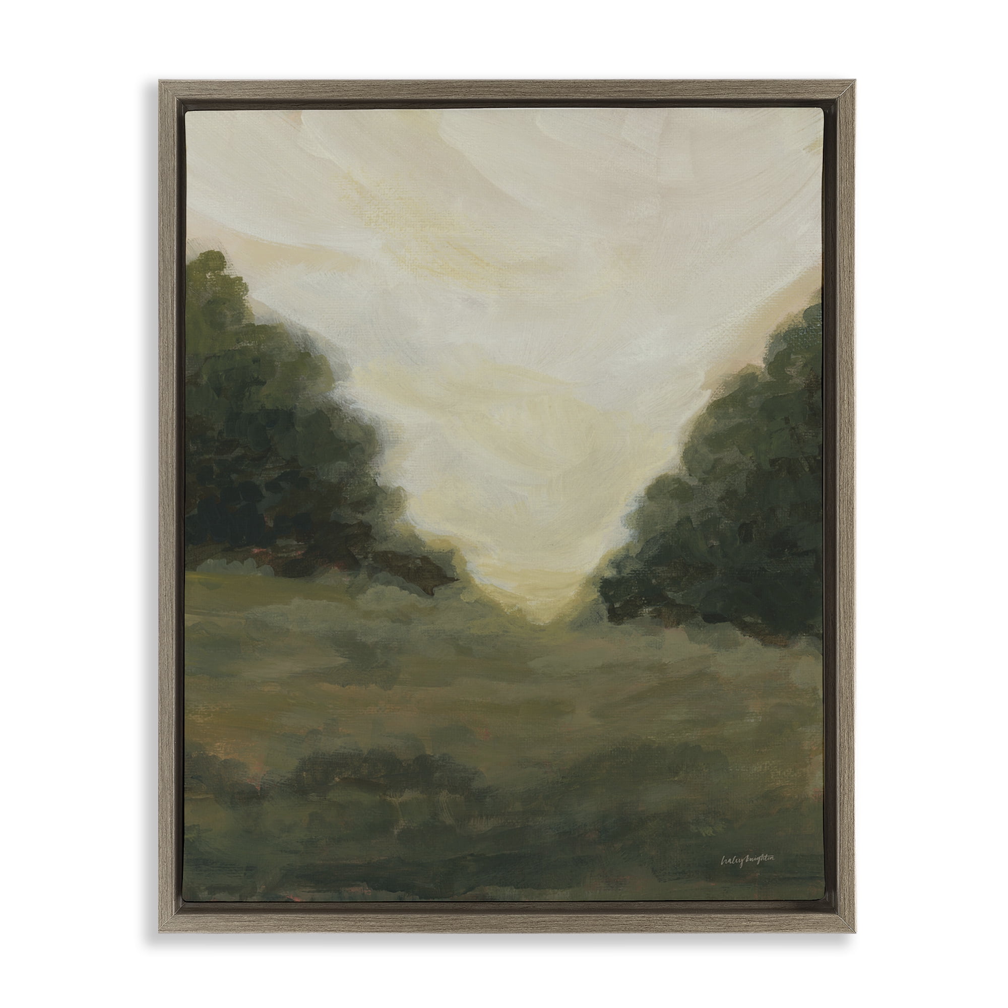 Stupell Industries Serene Green Field View Landscape Painting Brown Floater Framed Art Print Wall Art, 17 x 21