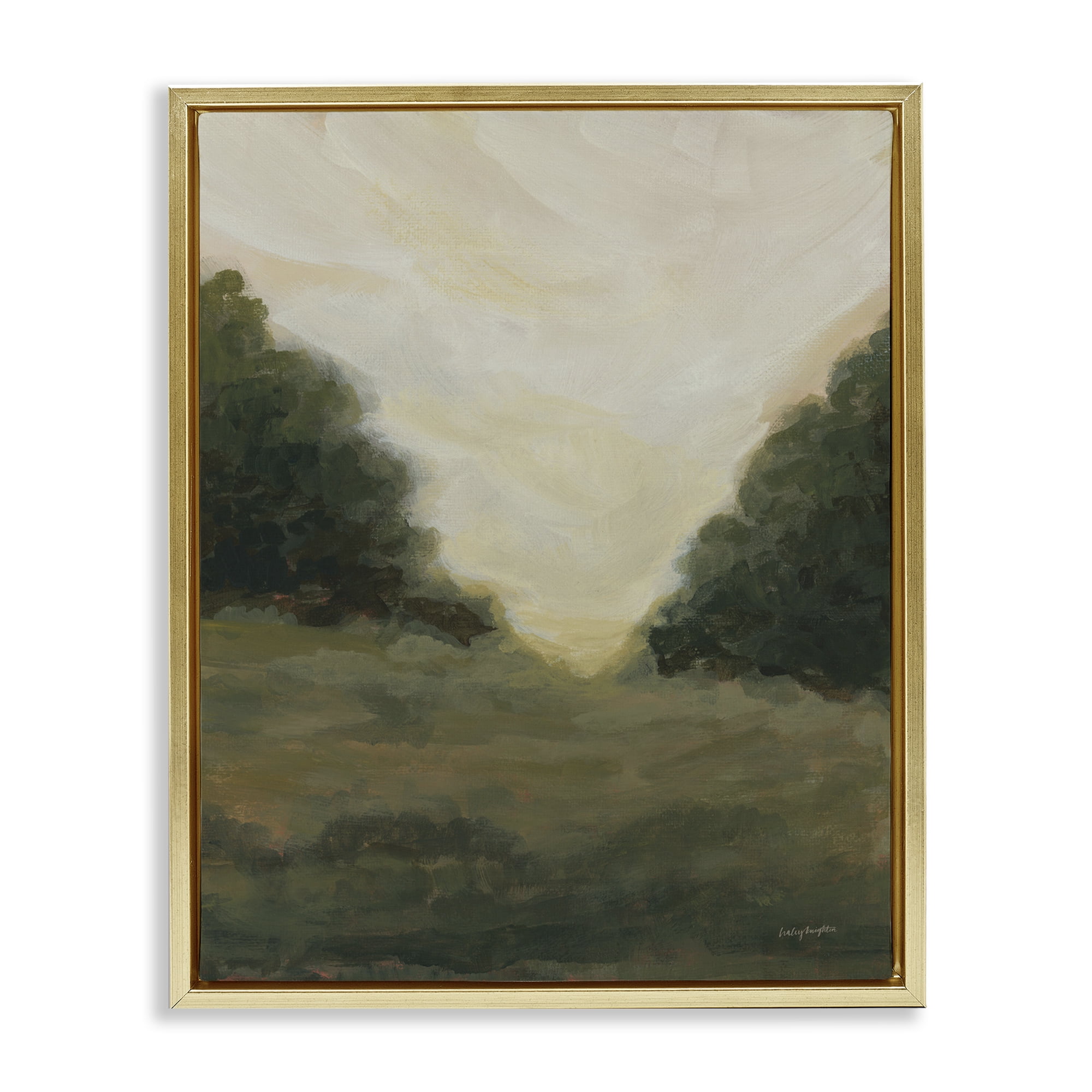Stupell Industries Serene Green Field View Landscape Painting Gold Floater Framed Art Print Wall Art, 25 x 31