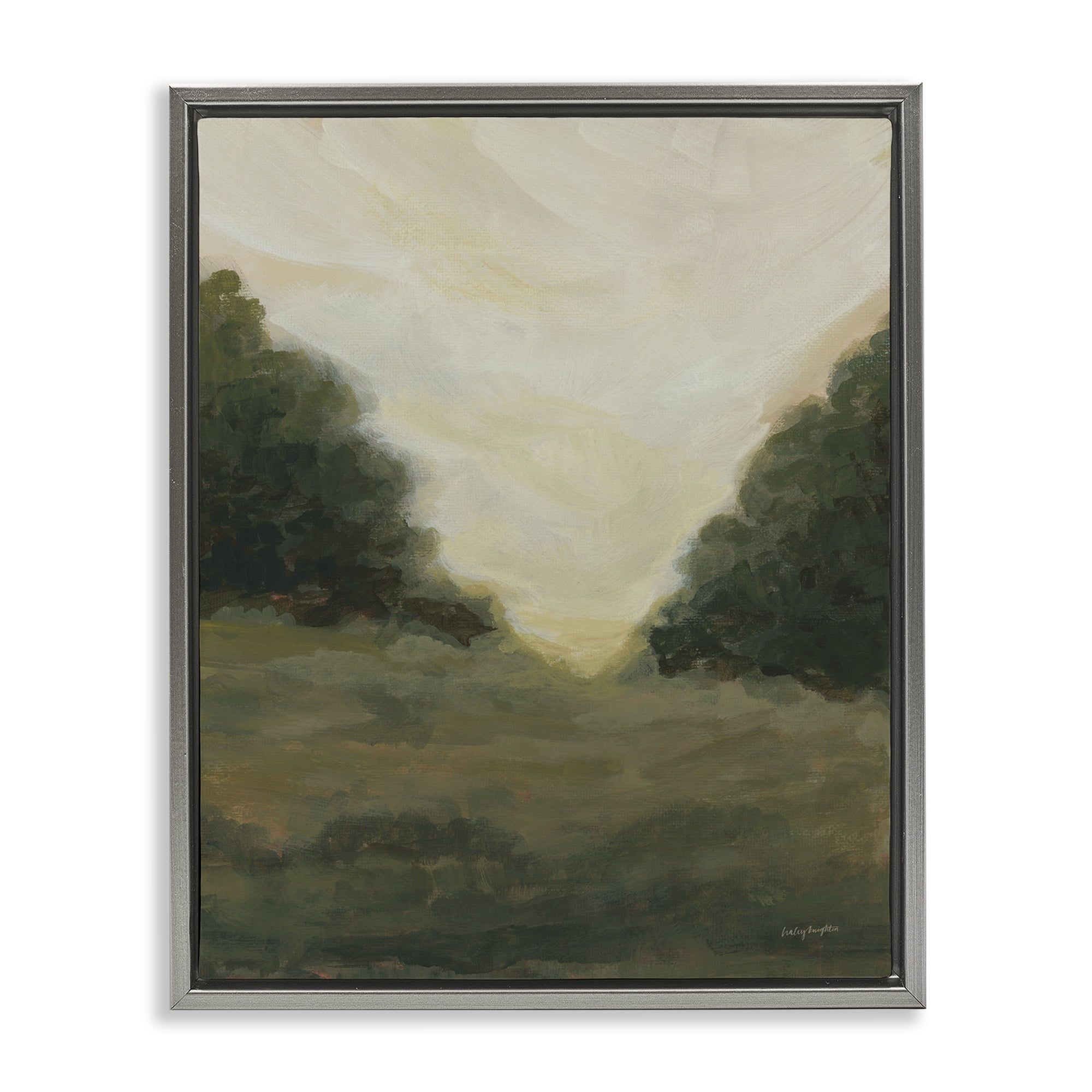 Stupell Industries Serene Green Field View Landscape Painting Gray Floater Framed Art Print Wall Art, 25 x 31