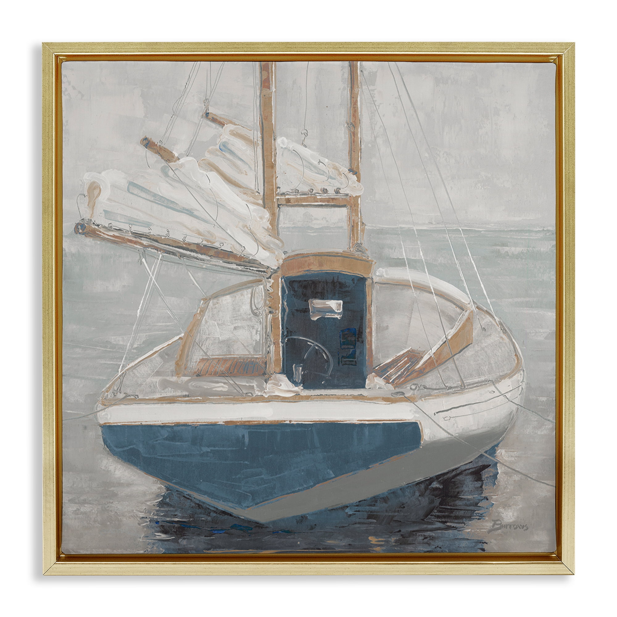 Stupell Industries Serene Harbor Sail Boat Gold Framed Floater Canvas Wall Art, design by John Burrows