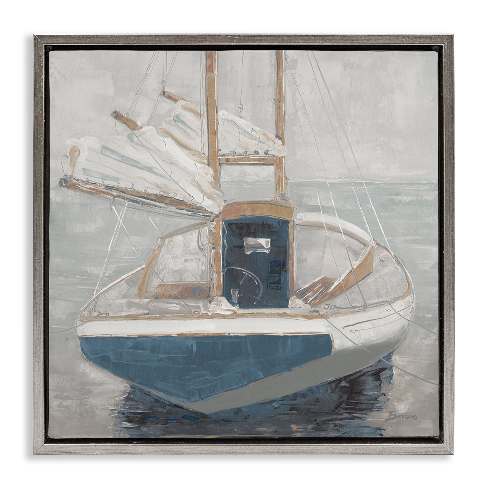 Stupell Industries Serene Harbor Sail Boat Gray Framed Floater Canvas Wall Art, design by John Burrows