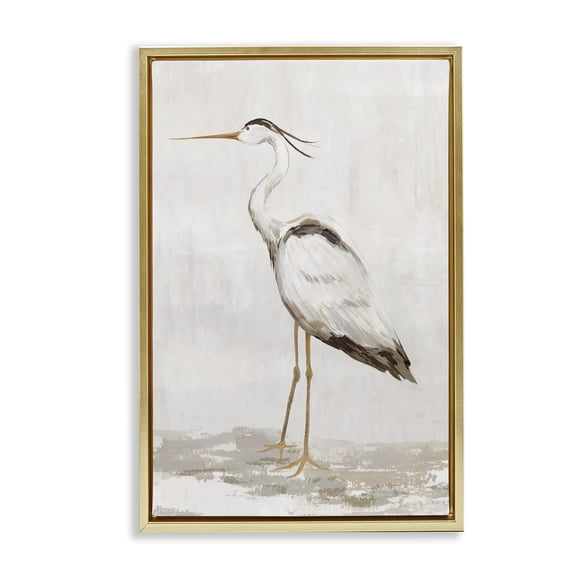 Stupell Industries Serene Heron on Beige Gold Framed Floater Canvas Wall Art design by Hannah Dawson, 31 x 21