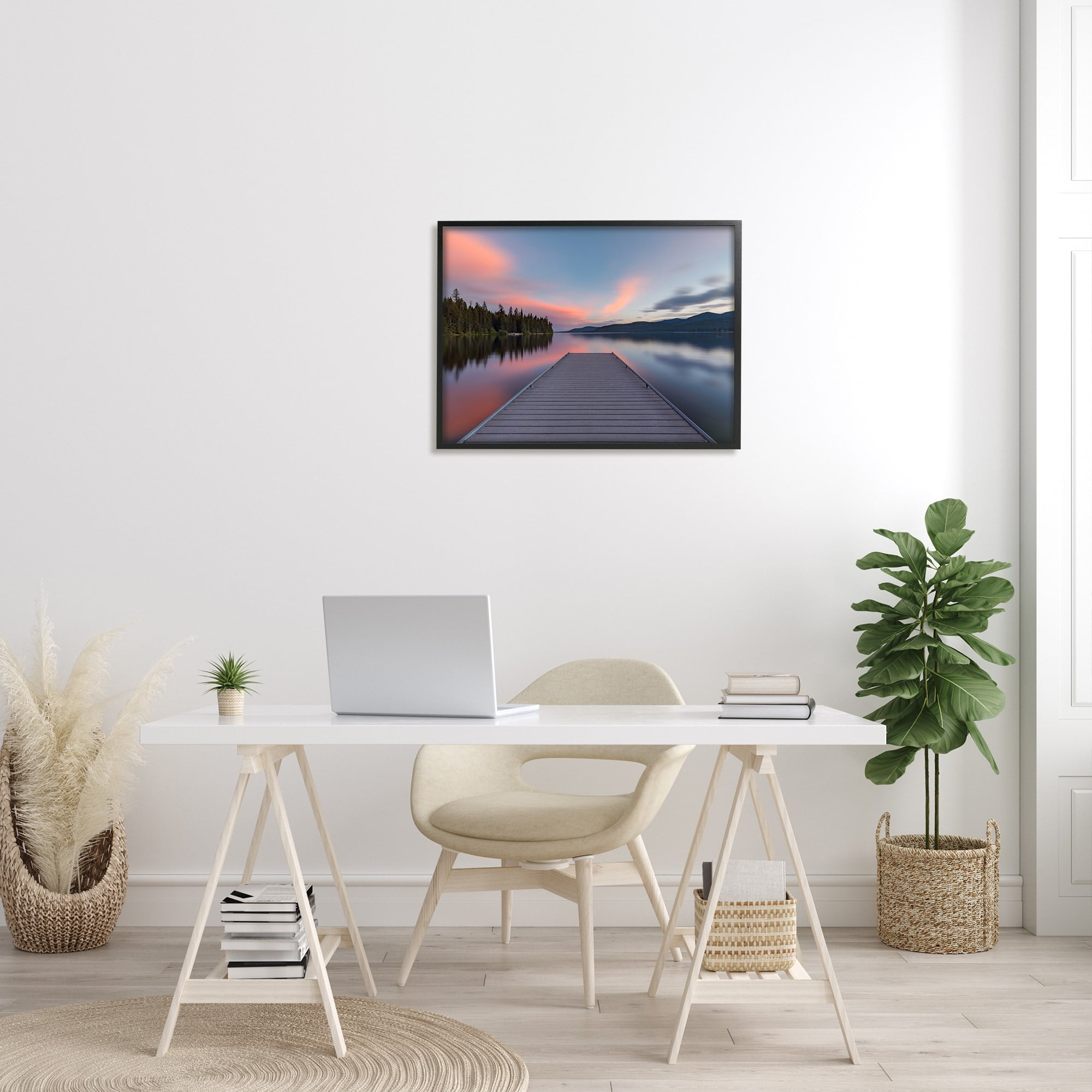 Stupell Industries Serene Lake Dock Quiet Pink Sunrise Reflection Photograph Black Framed Art Print Wall Art, Design by Jeff Poe Photography