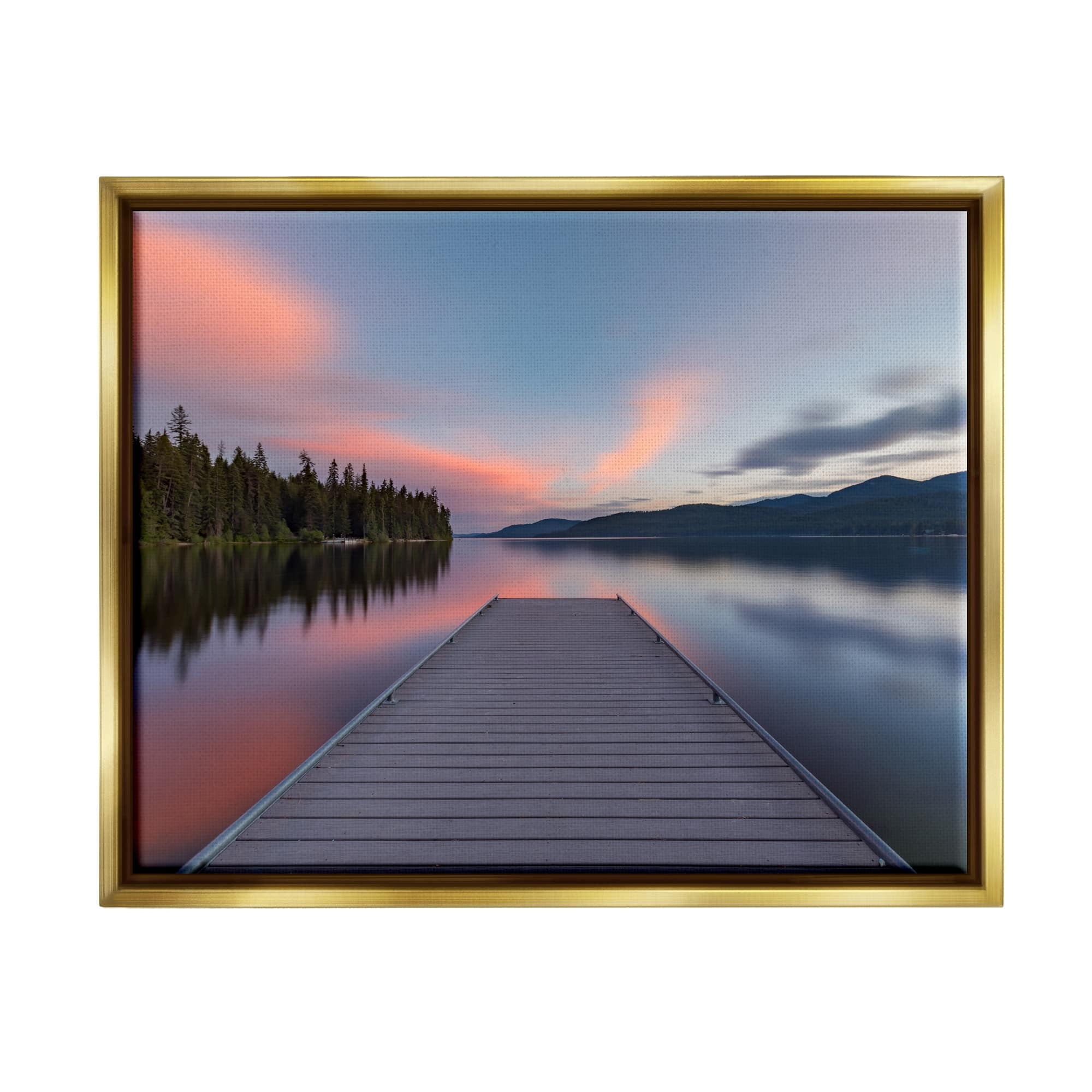 Stupell Industries Serene Lake Dock Quiet Pink Sunrise Reflection Photograph Metallic Gold Floating Framed Canvas Print Wall Art, Design by Jeff Poe Photography