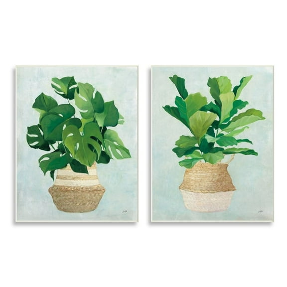 Stupell Industries Serene Monstera Indoor Plant Minimal Green Tan Paintings Unframed Art Print Wall Art Set of 2, 10x15, by Julia Purinton