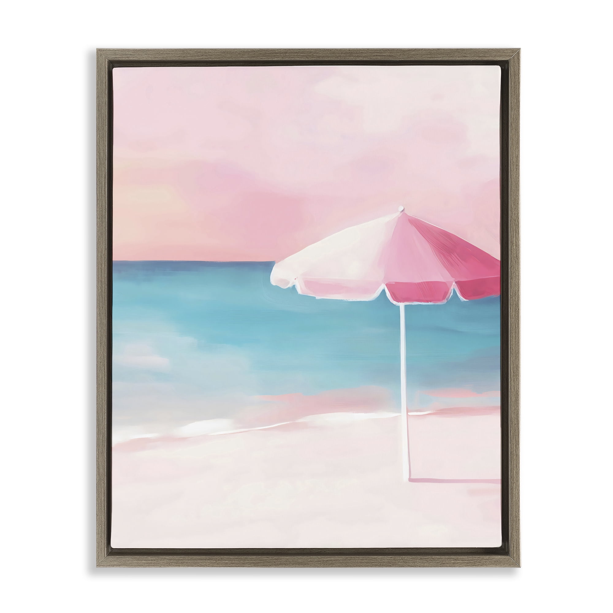 Stupell Industries Serene Pink Beach Umbrella Brown Framed Floater Canvas Wall Art, design by The Prints Vibe