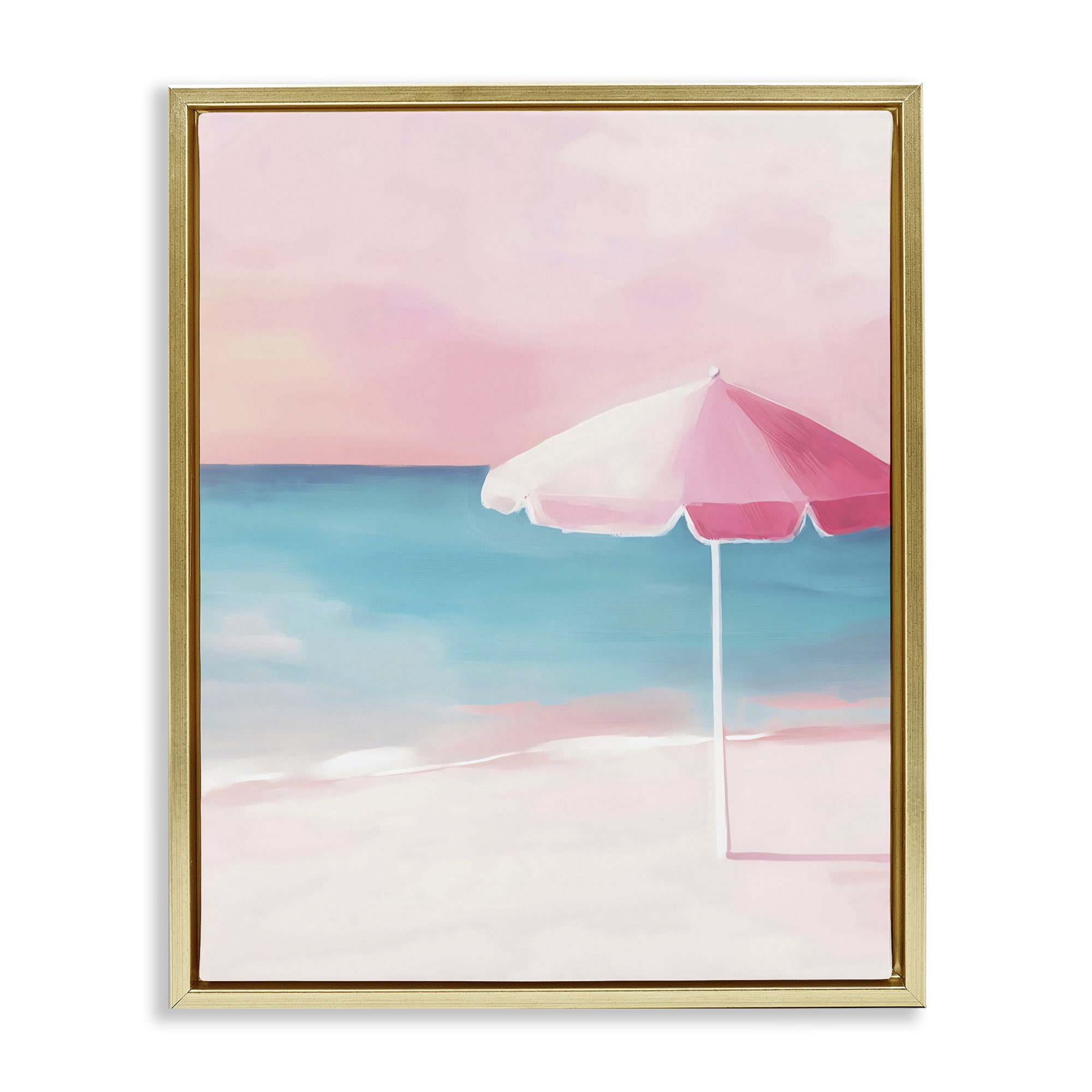 Stupell Industries Serene Pink Beach Umbrella Gold Framed Floater Canvas Wall Art, design by The Prints Vibe