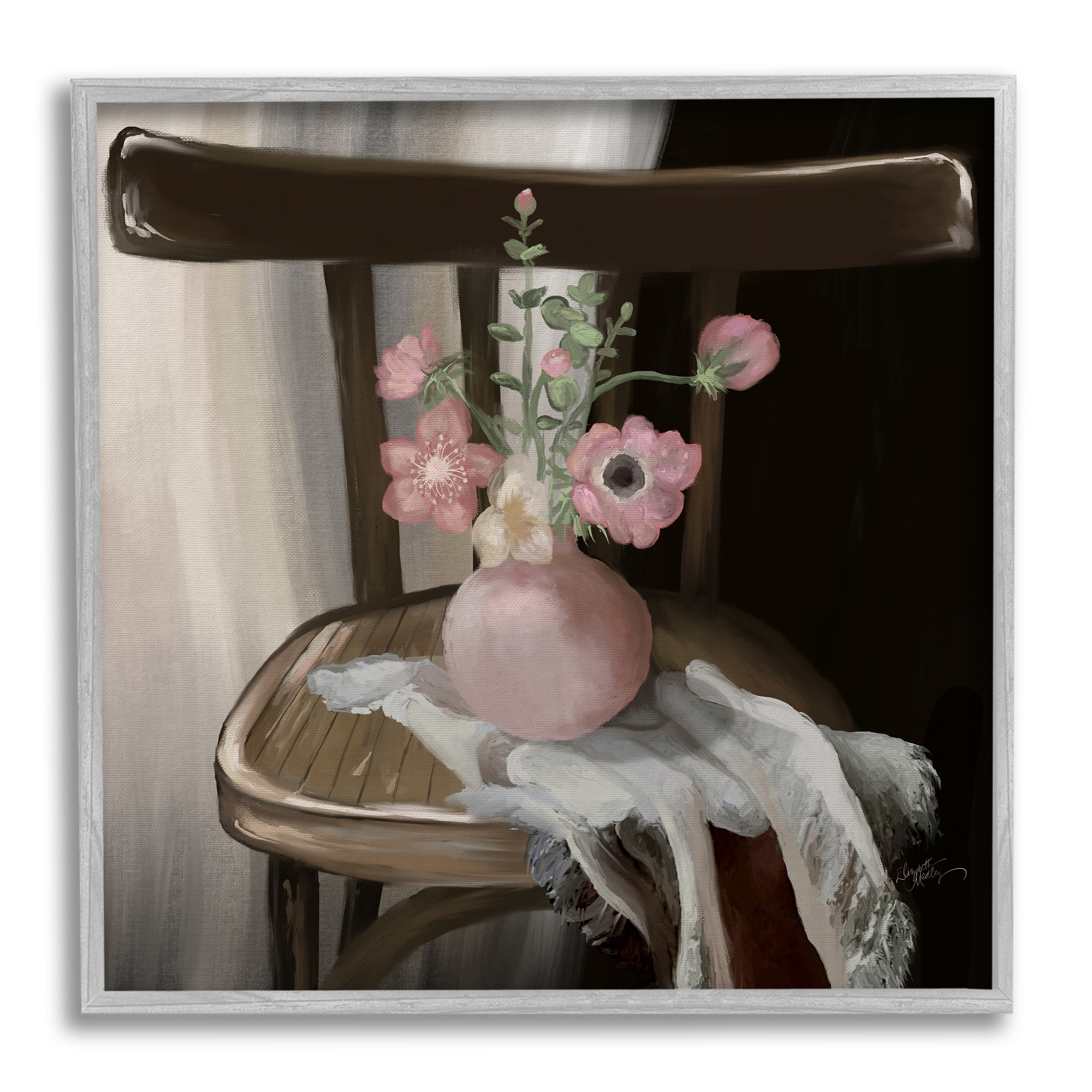 Stupell Industries Serene Pink Flower Vase Arrangement Still Life Painting Gray Framed Art Print Wall Art, Design by Elizabeth Medley